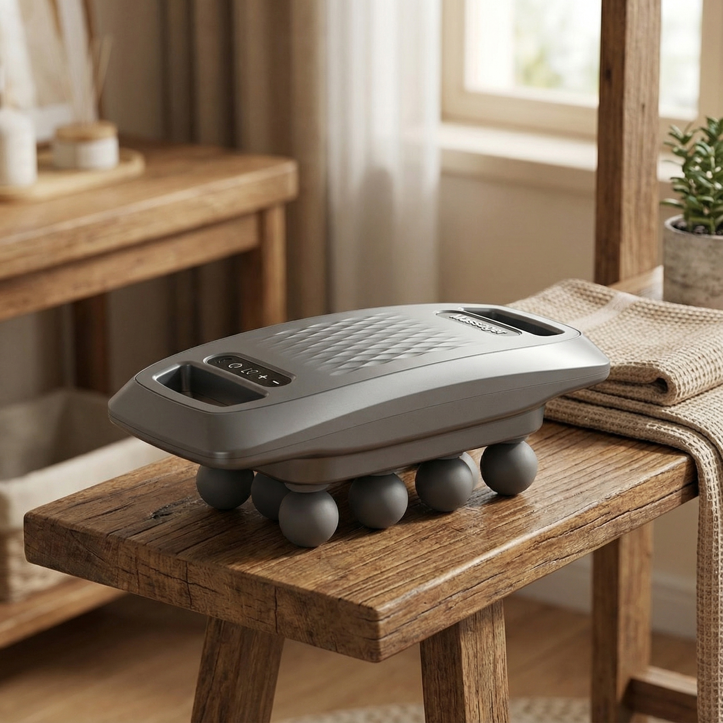 Dispositivo de masaje gris con bolas en taburete de madera, con toalla.