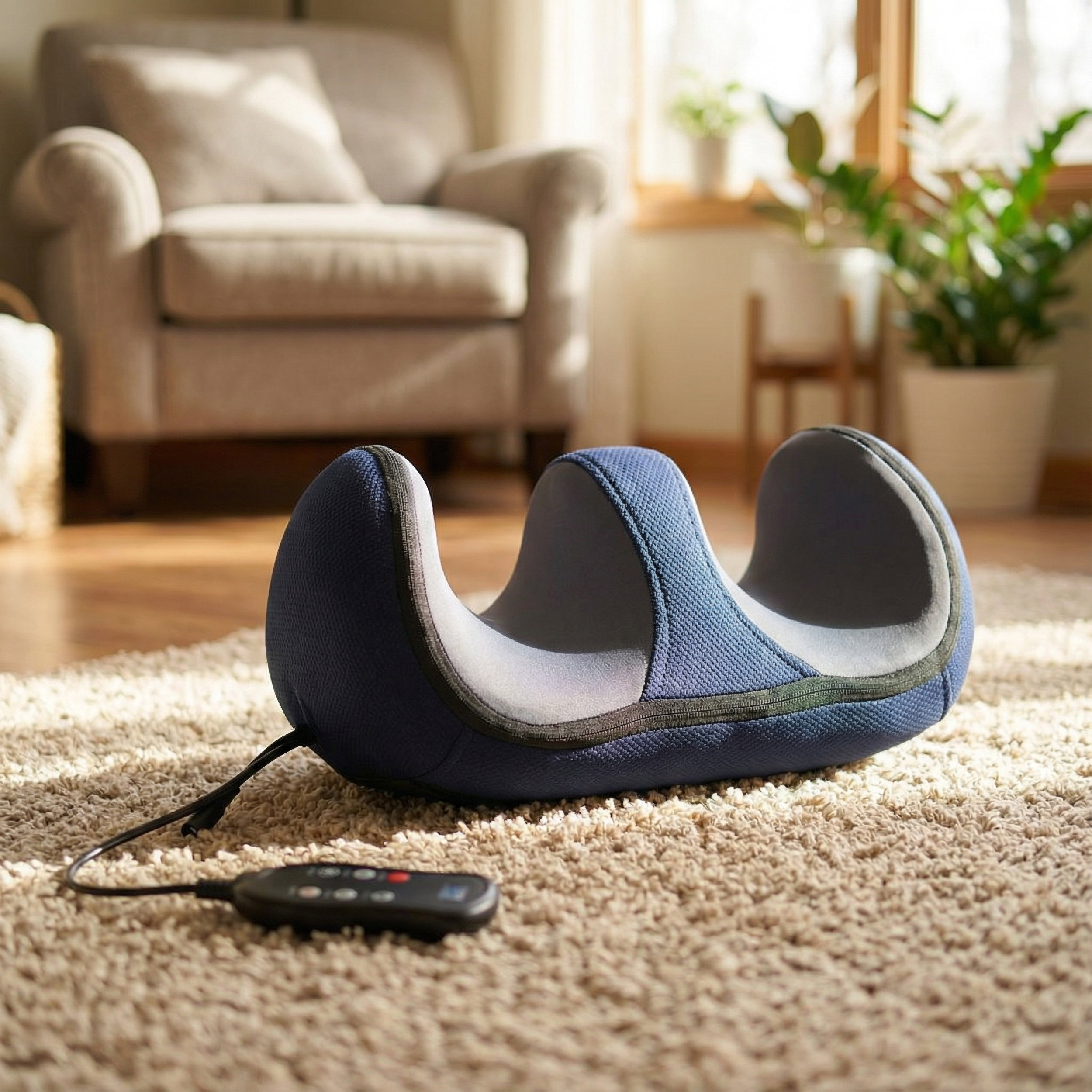 Una almohada de masaje cervical azul con mando a distancia descansa sobre una alfombra.