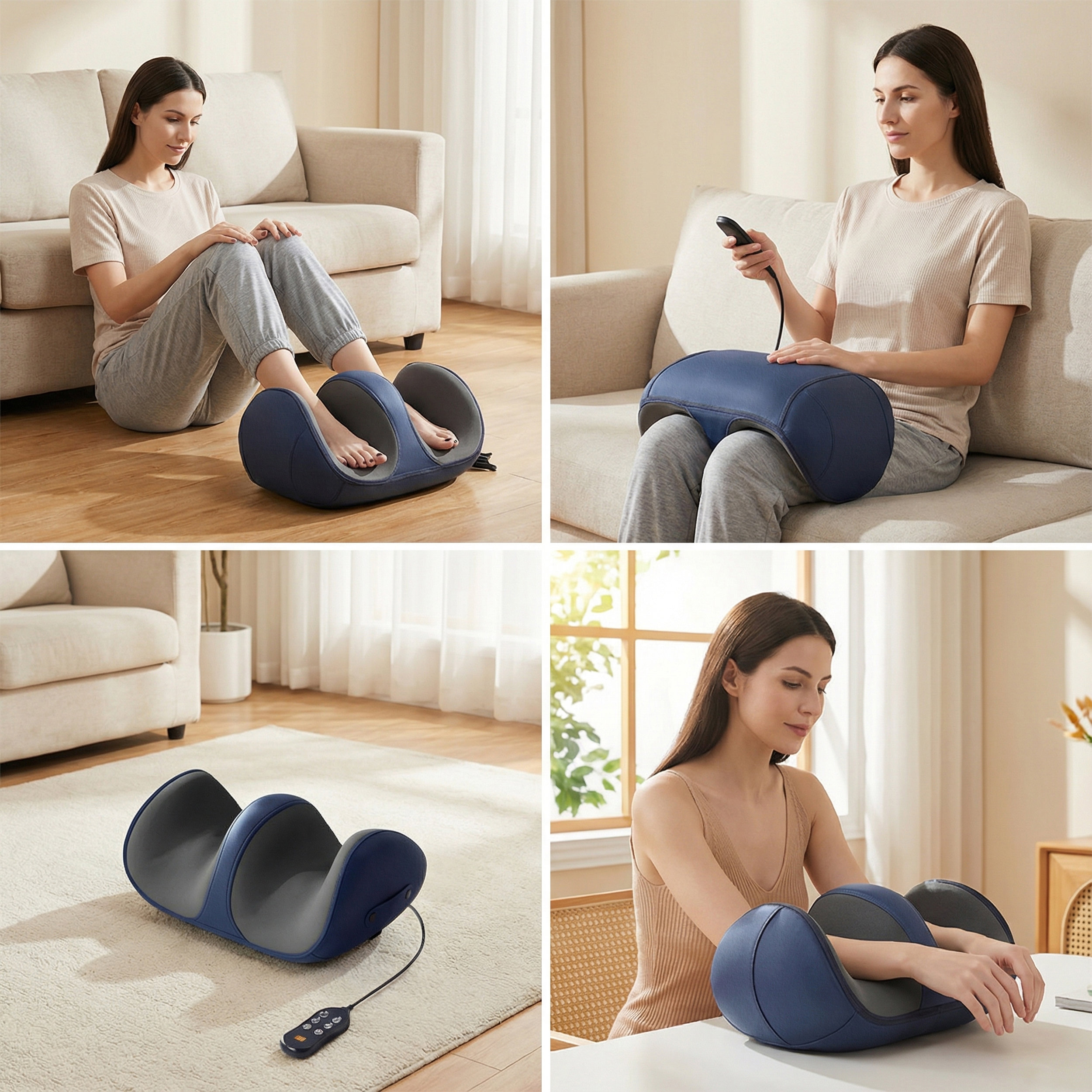 Mujer usa un masajeador de pies azul en suelo y sofá, y masajeador de brazos.