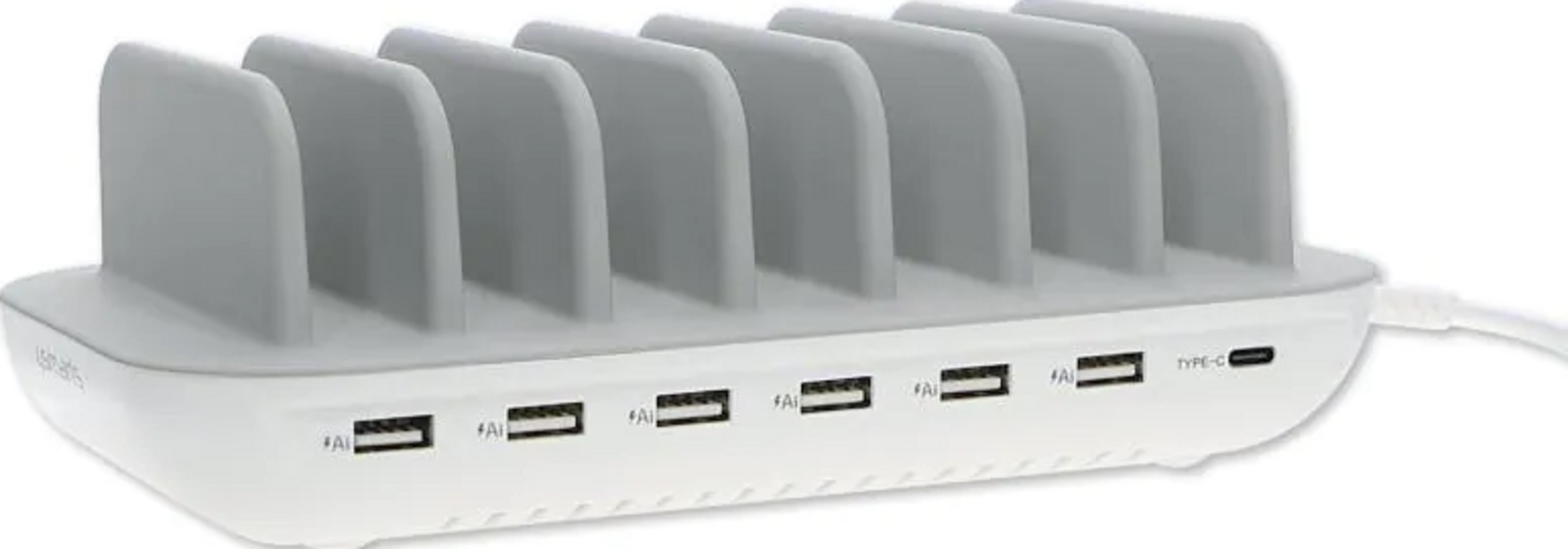 Una stazione di ricarica bianca con più porte USB e USB-C e sei alloggiamenti grigi.