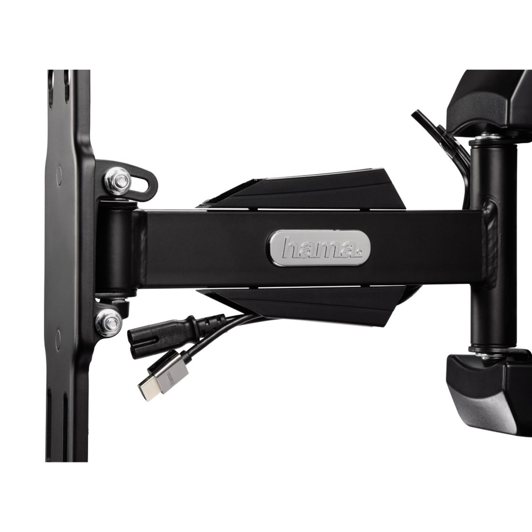 Brazo monitor Hama negro con cables y tornillos sobre fondo blanco.