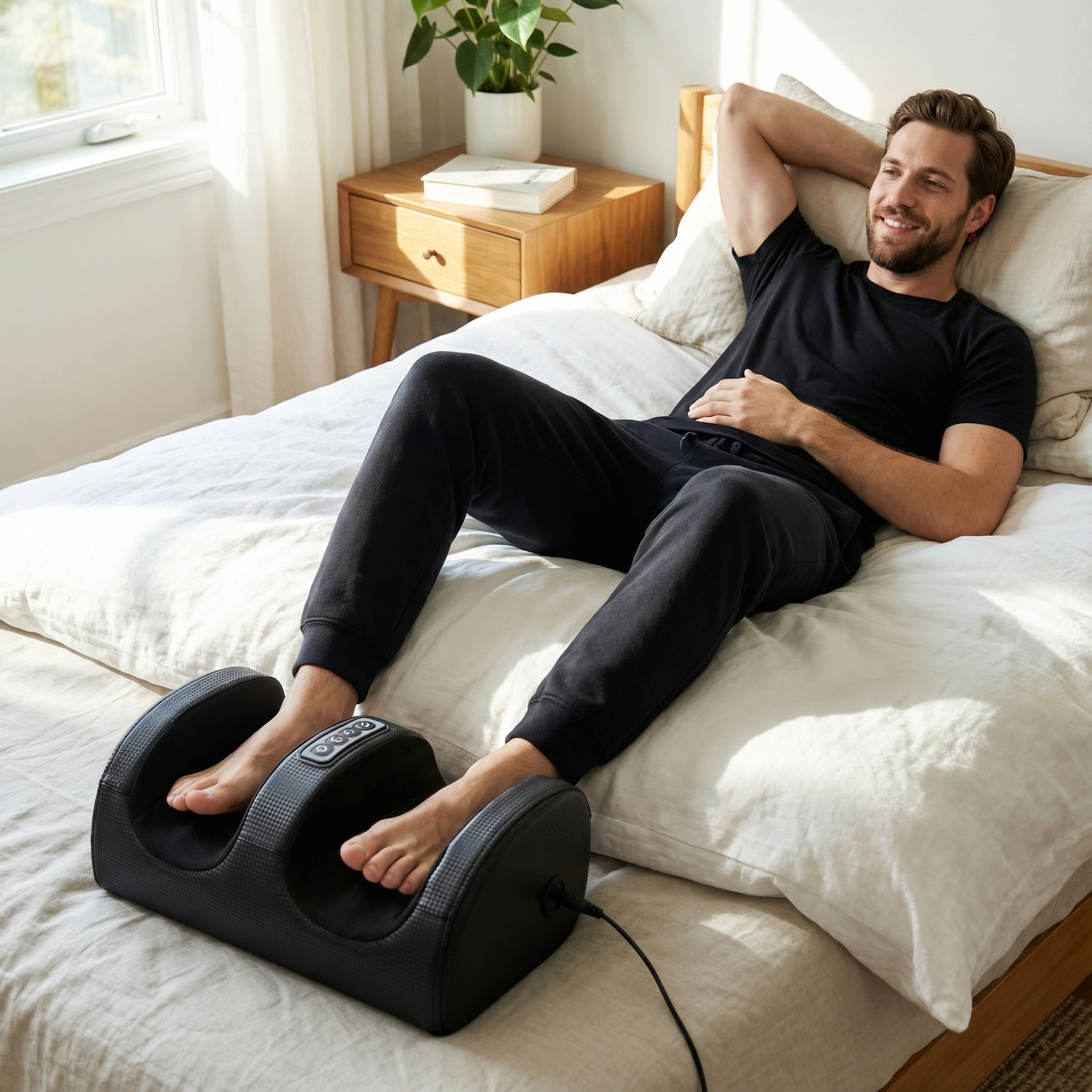 Hombre relajándose en una cama con un masajeador de pies.