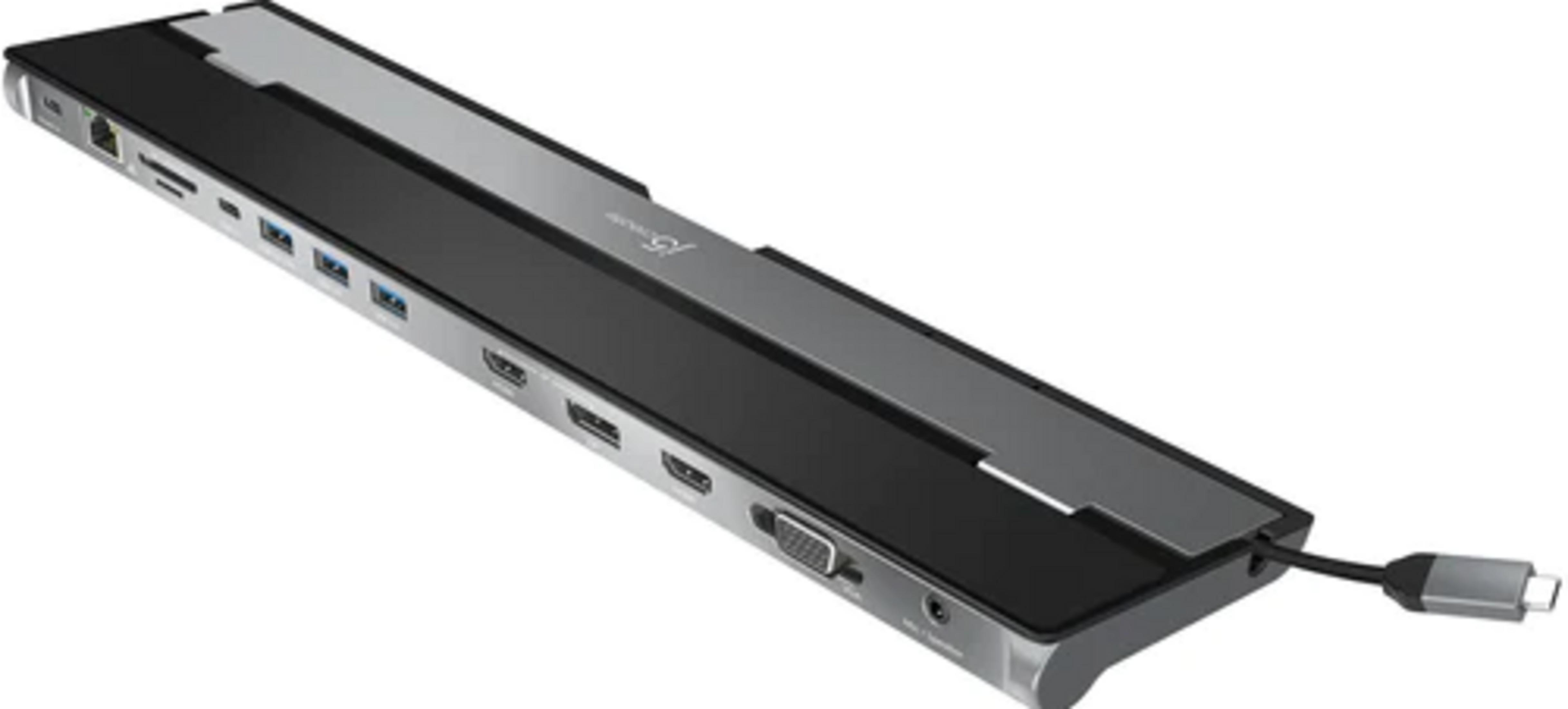 Ein schwarzer und silberner USB-C-Hub mit vielen Anschlüssen, darunter HDMI, VGA und USB.