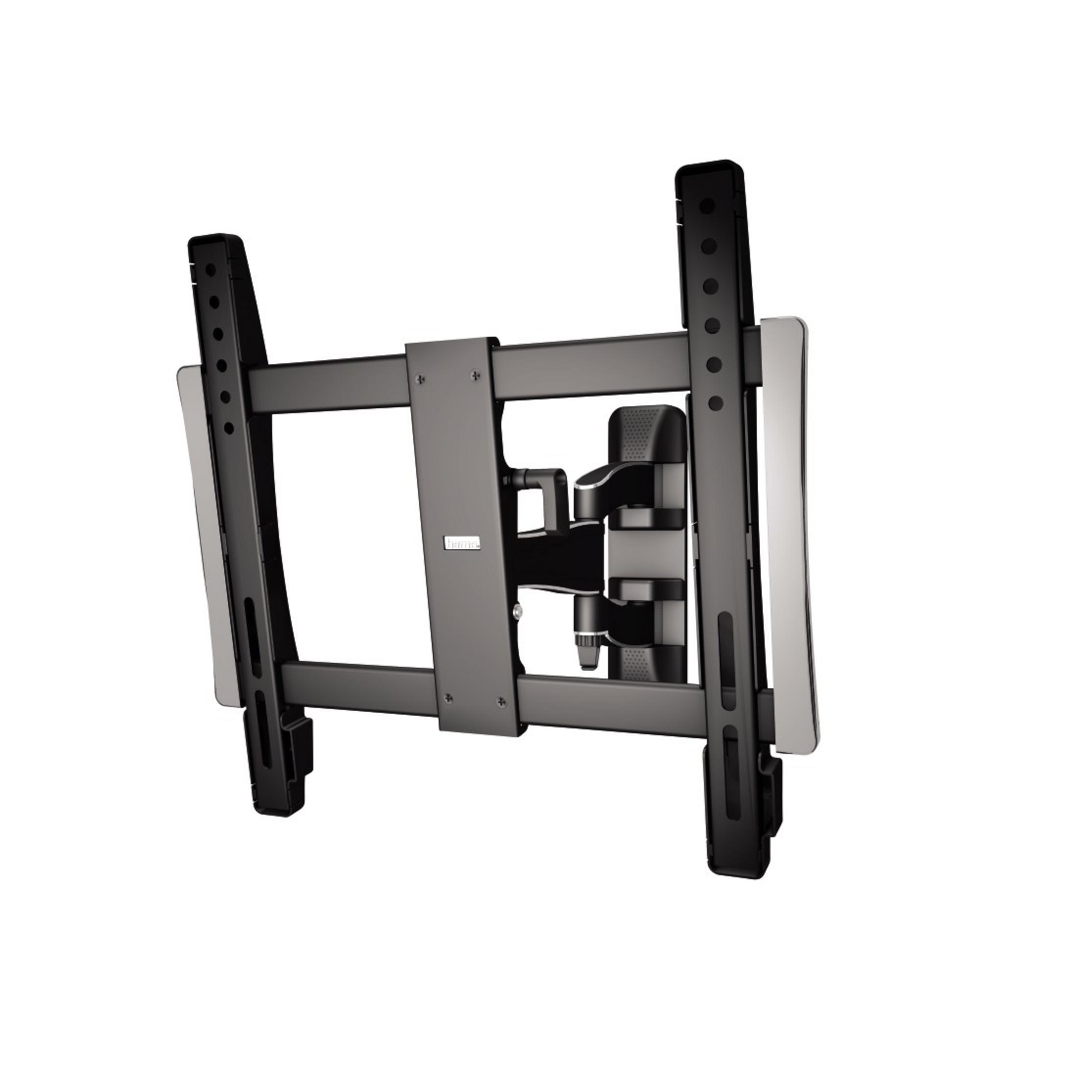 Un soporte de pared para TV negro giratorio con brazo articulado y rieles laterales plateados.