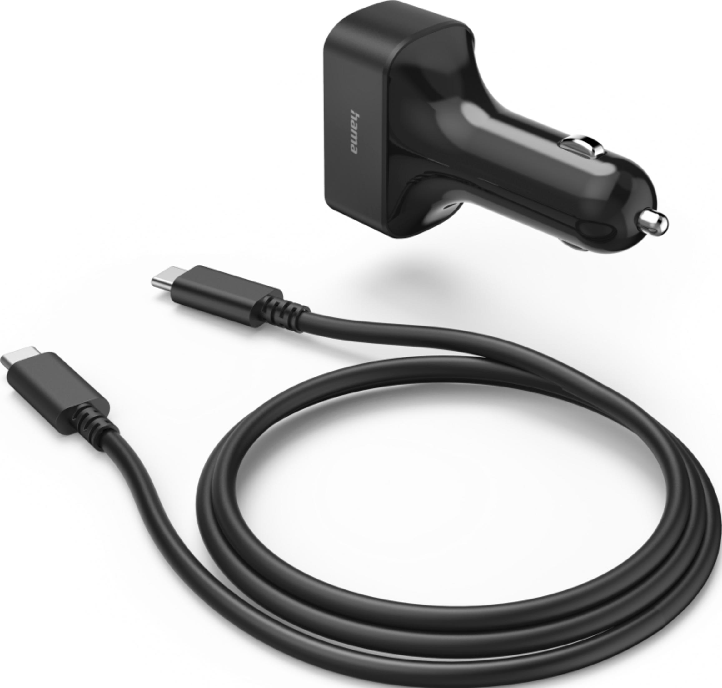 Schwarzer USB-C-Autoladegerät mit Kabel auf weißem Hintergrund.