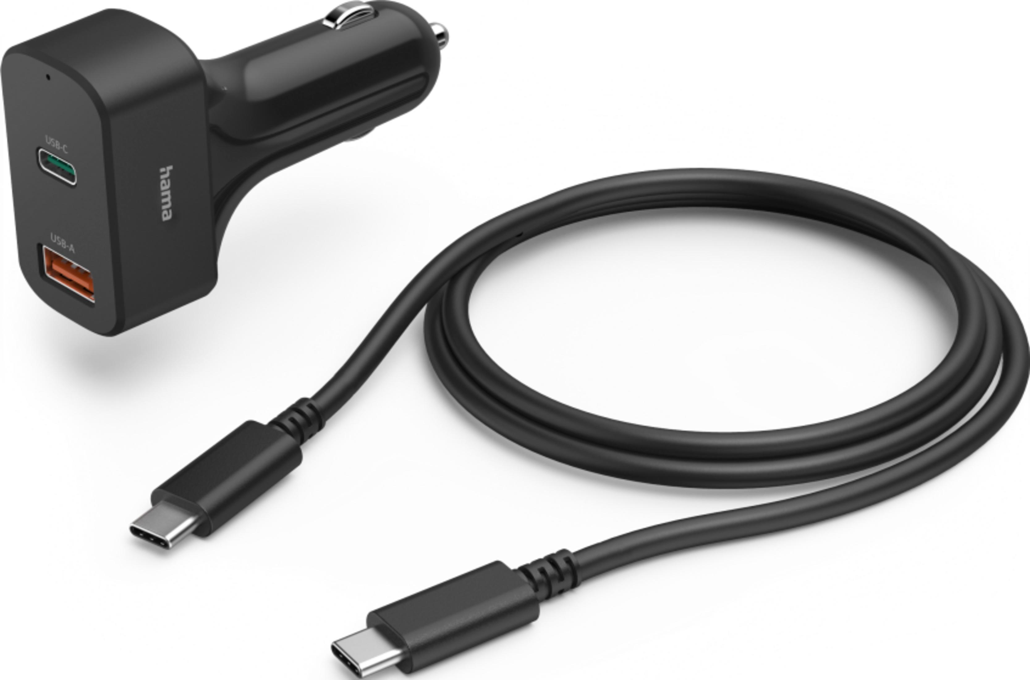 Schwarzer Kfz-Ladeadapter mit USB-C und USB-A-Anschlüssen und schwarzem USB-C-Kabel.
