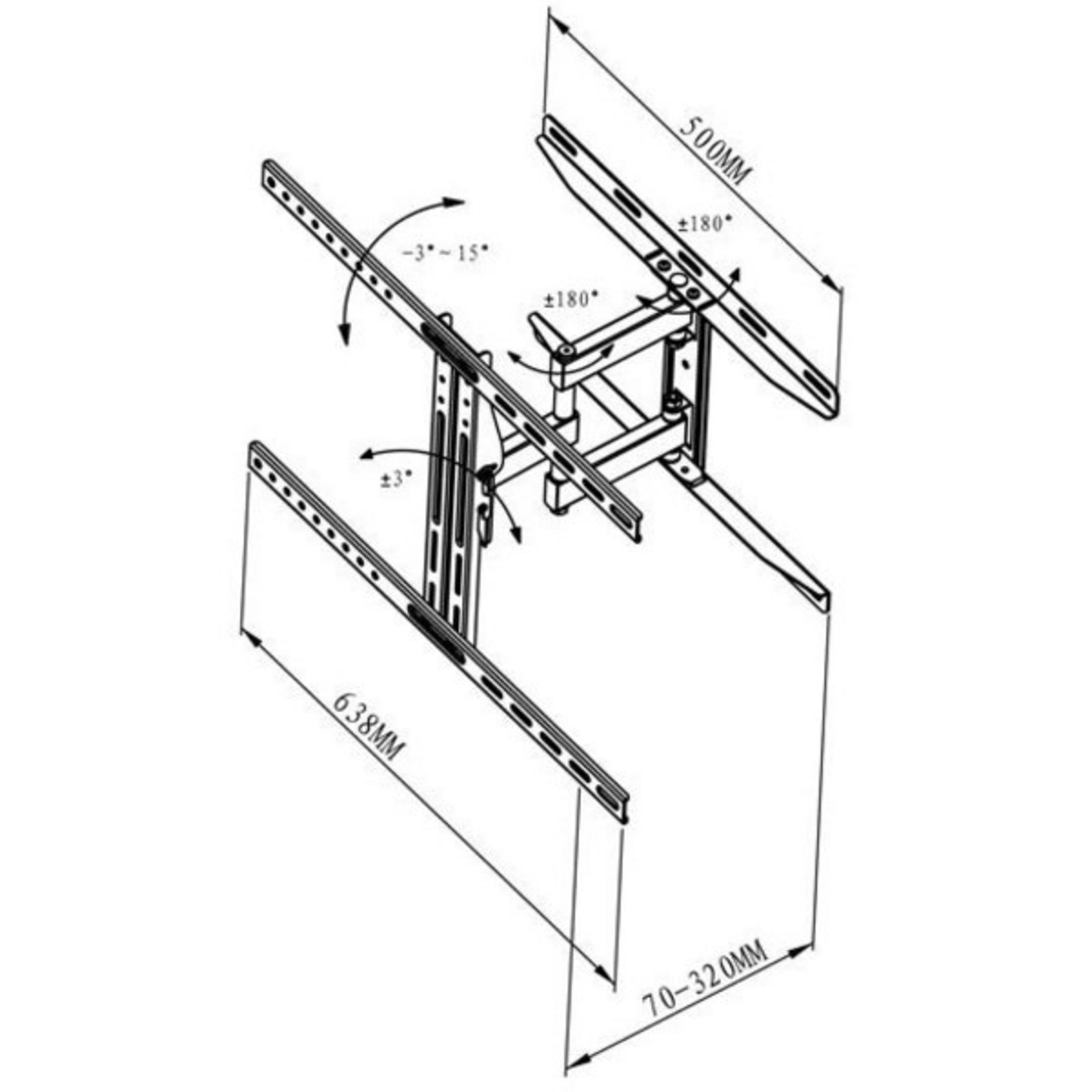 Disegno tecnico di un supporto TV estensibile con dimensioni.