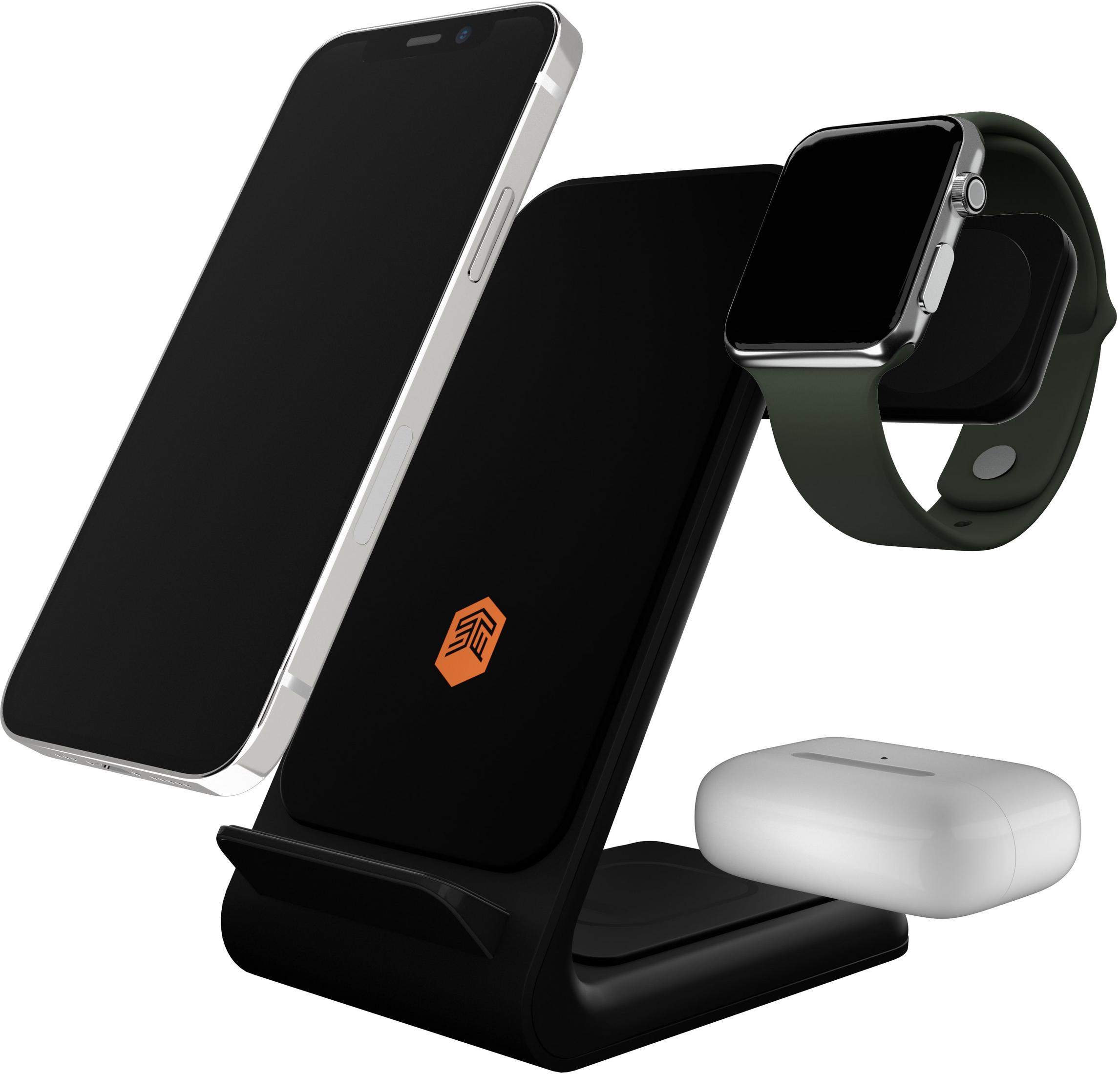 Un chargeur noir supporte un smartphone, une montre connectée et un étui pour écouteurs sans fil.