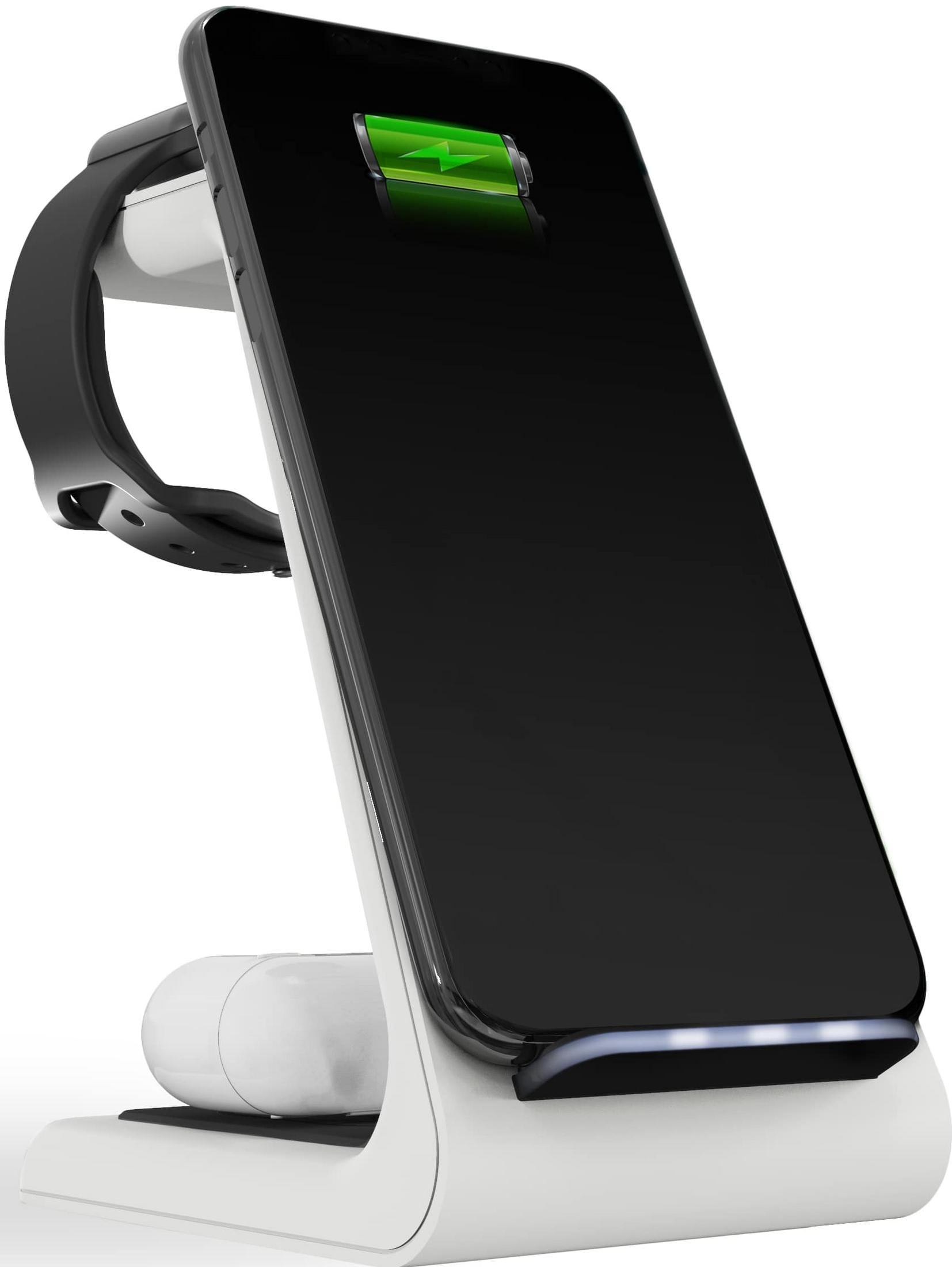 Un smartphone, une montre connectée et des écouteurs sur un socle de chargement blanc.