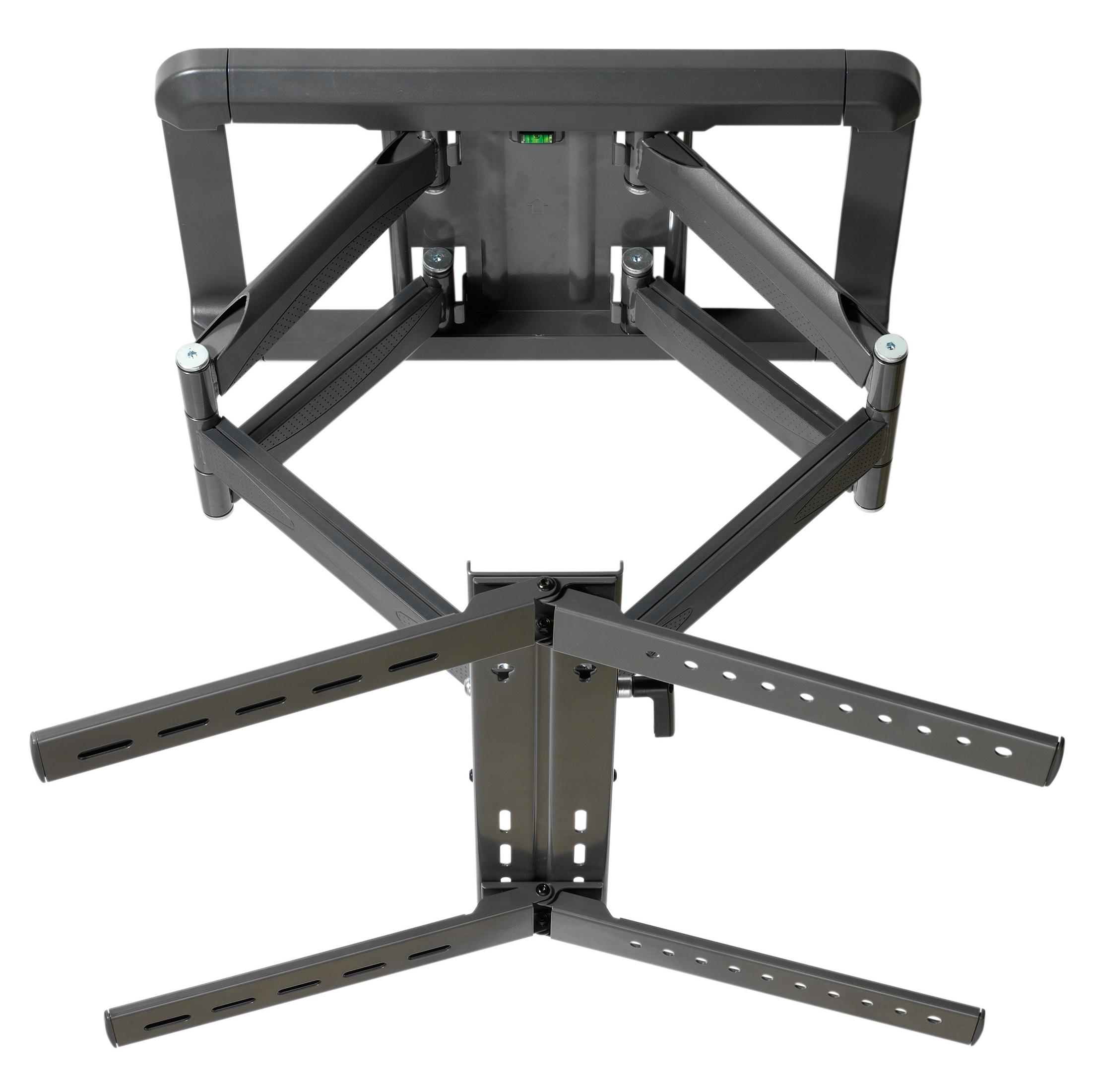 Soporte de pared para TV negro ajustable con brazos articulados y nivel.