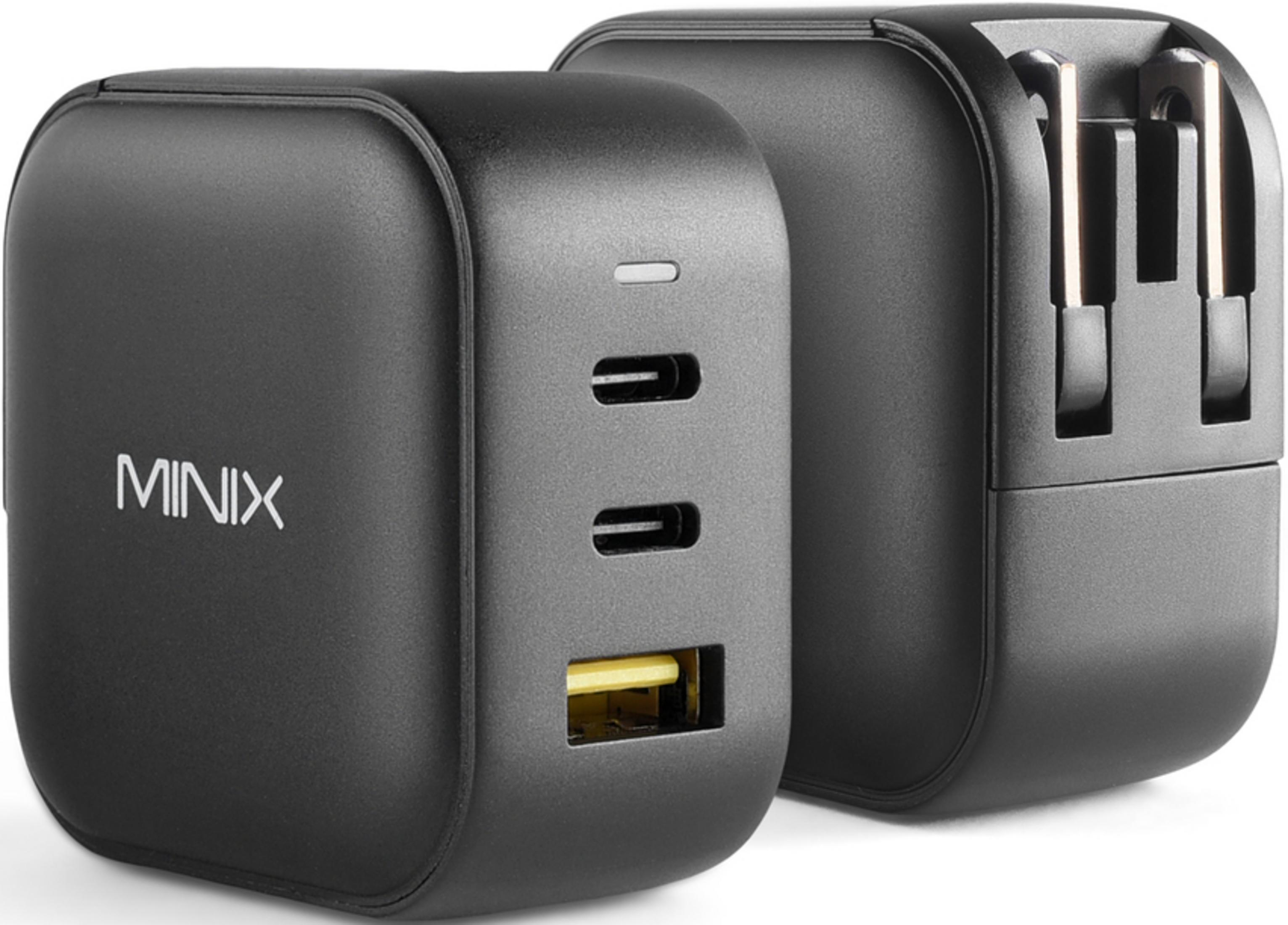 Due caricatori neri MINIX con porte USB-C e USB-A.