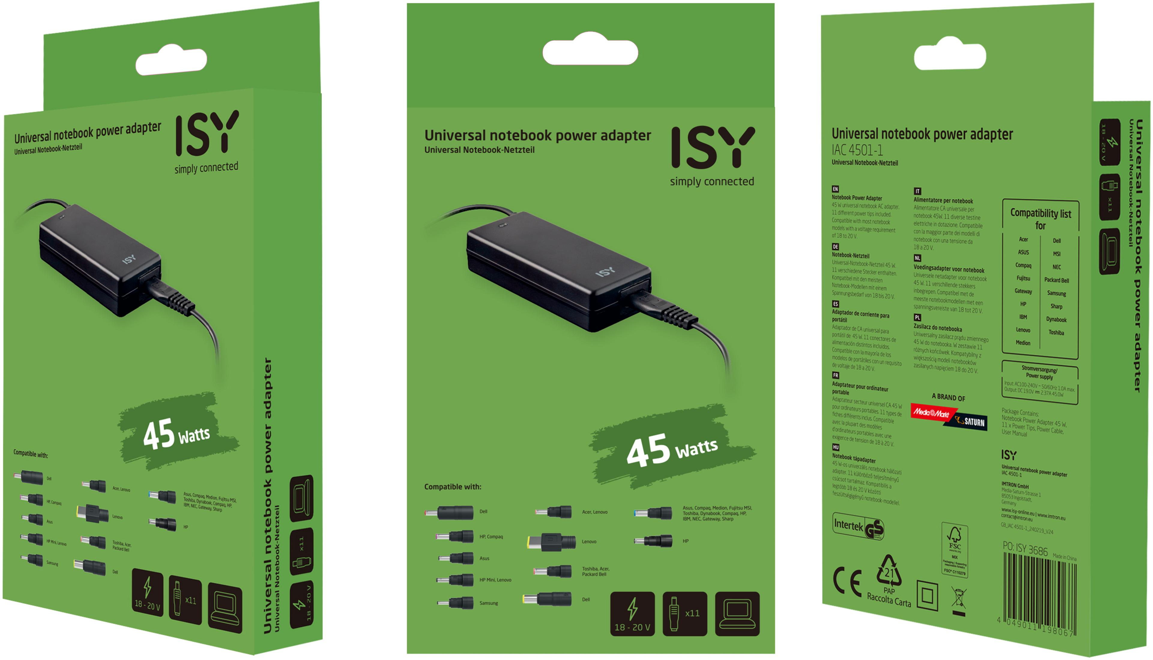 ISY Universal-Notebook-Netzteil, 45W, schwarz, mit verschiedenen Steckern und Kompatibilitätsliste.