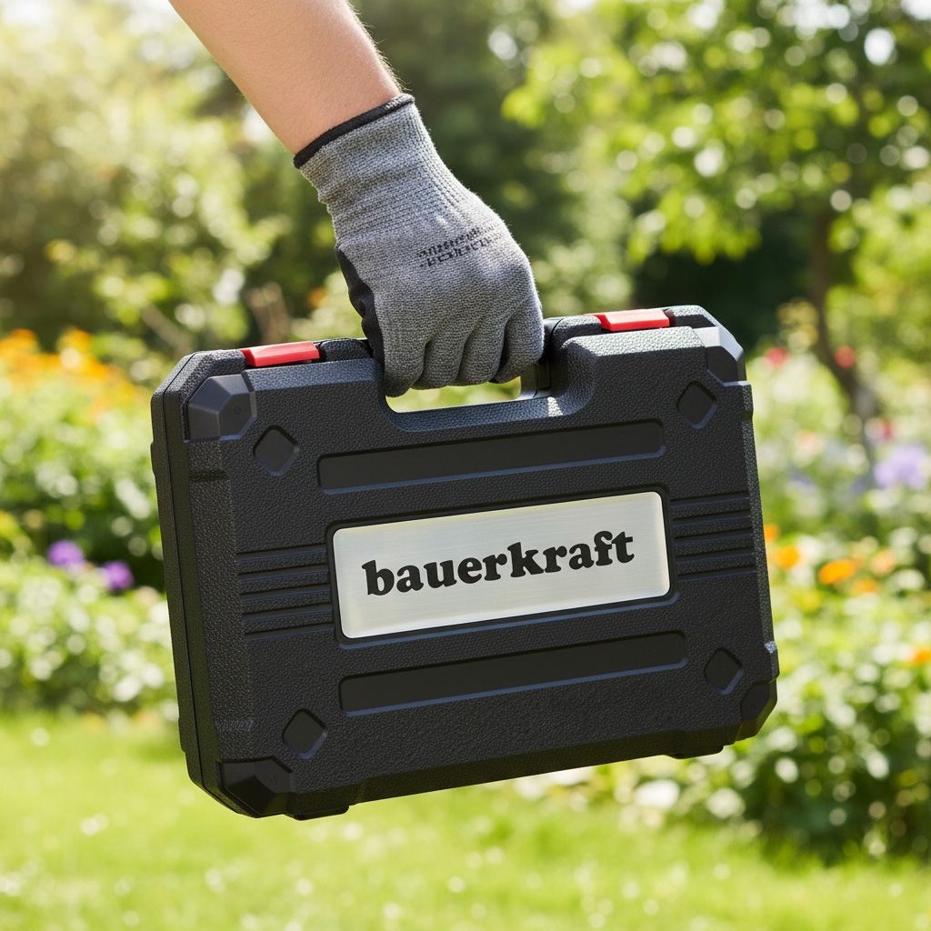 Ręka w szarej rękawicy niesie czarną skrzynkę narzędziową z logo "bauerkraft".