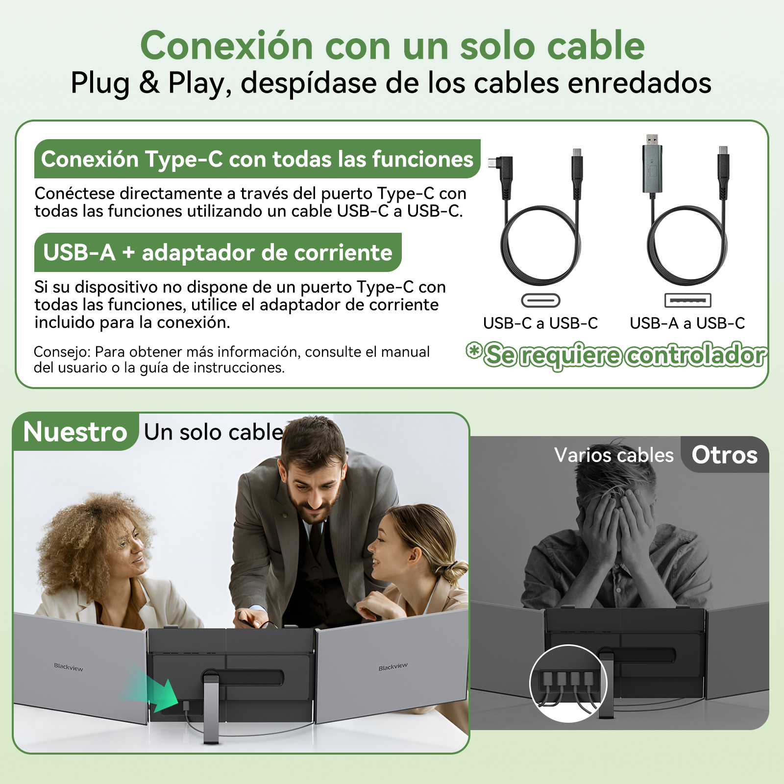 Guía de conexión con un solo cable mediante Type-C y USB-A.