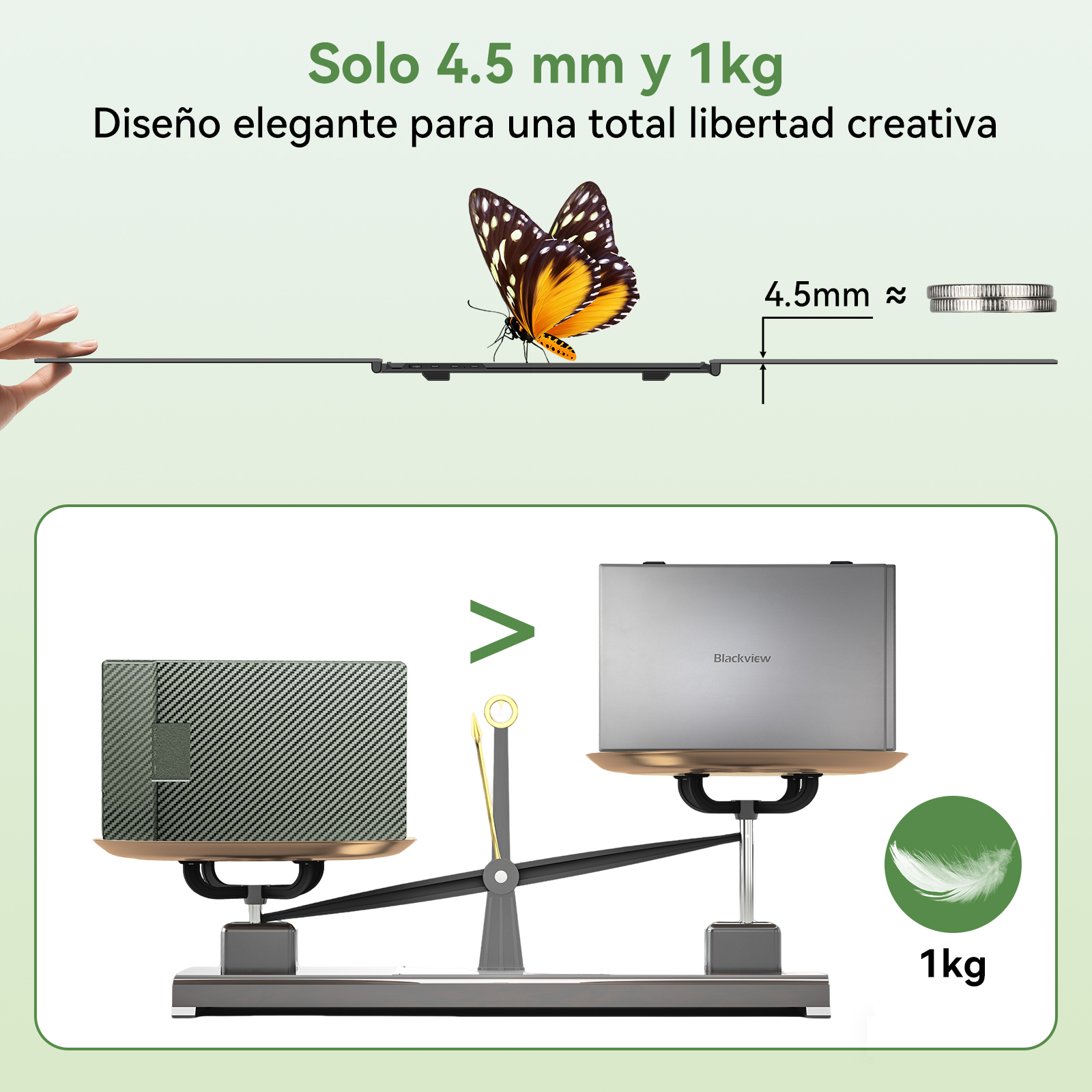 Un dispositivo delgado con una mariposa y una báscula pesando un portátil.