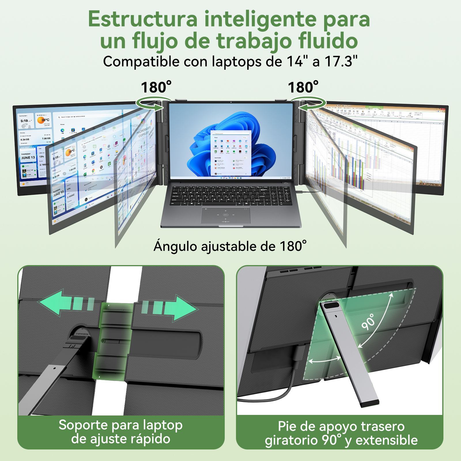 Portátil con tres monitores, ajustable 180 grados. Soporte rápido para portátil.