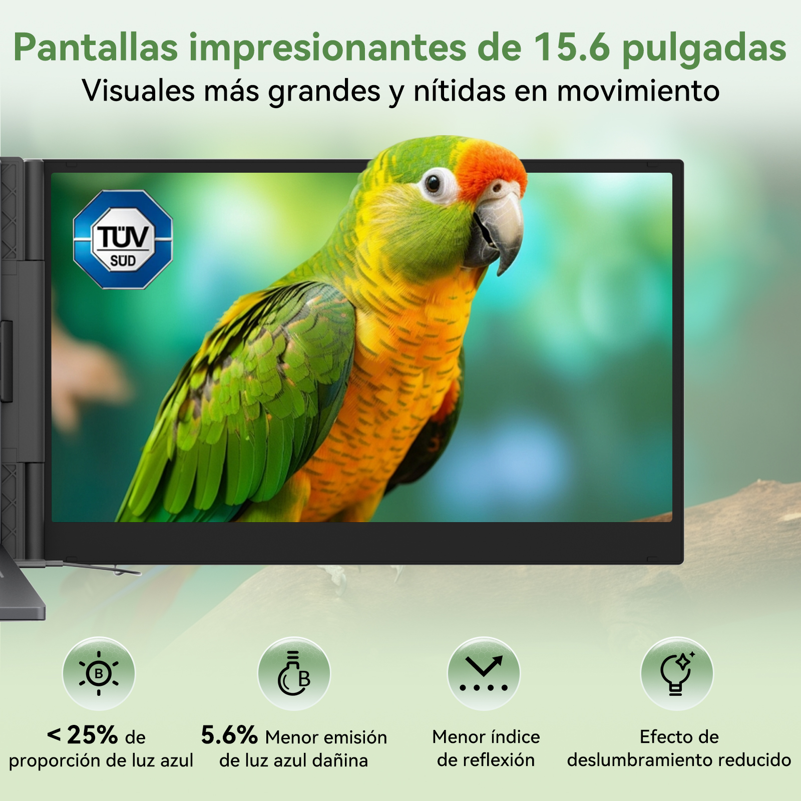 Pantalla de 15.6 pulgadas con loro colorido, logo TÜV SÜD y iconos de reducción de luz azul.
