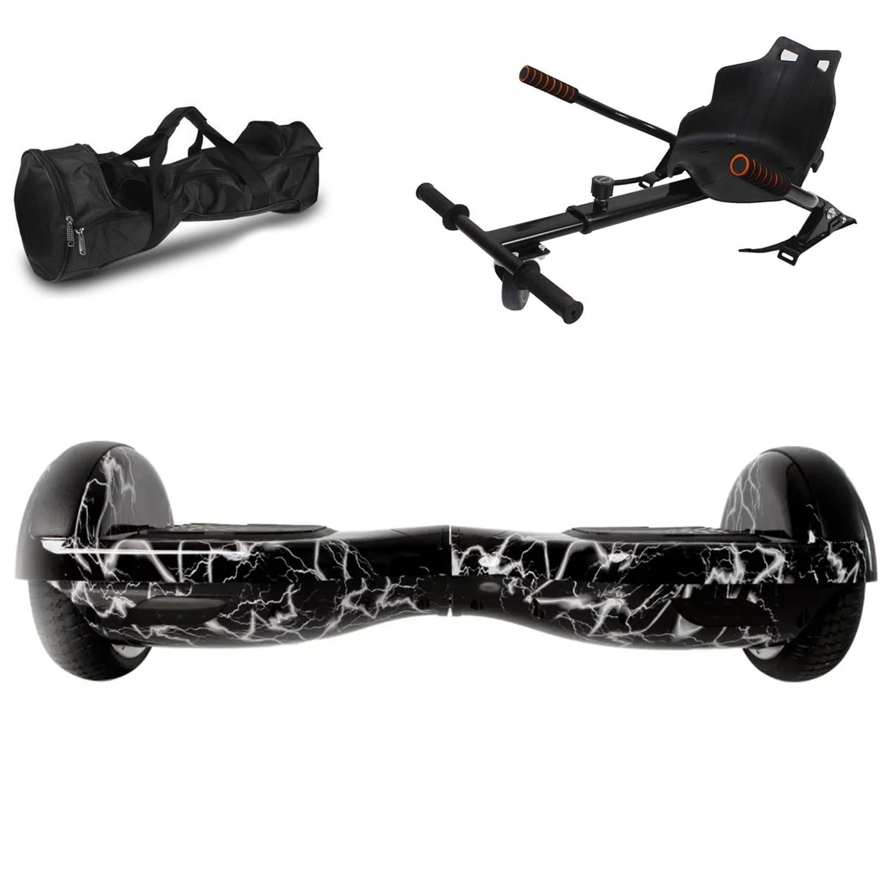 Siyah bir hoverboard koltuk aparatı, siyah bir taşıma çantası ve şimşek desenli siyah bir hoverboard.