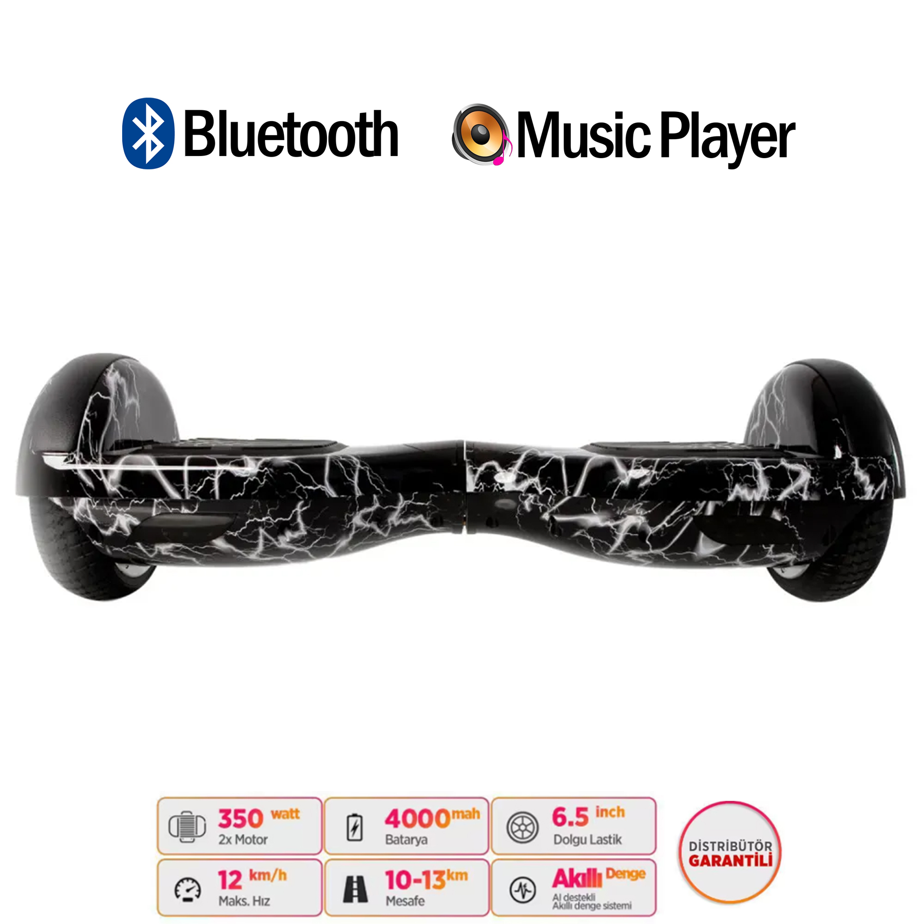 Beyaz şimşek desenli siyah hoverboard, Bluetooth ve müzik. Özellikler görüntüleniyor.