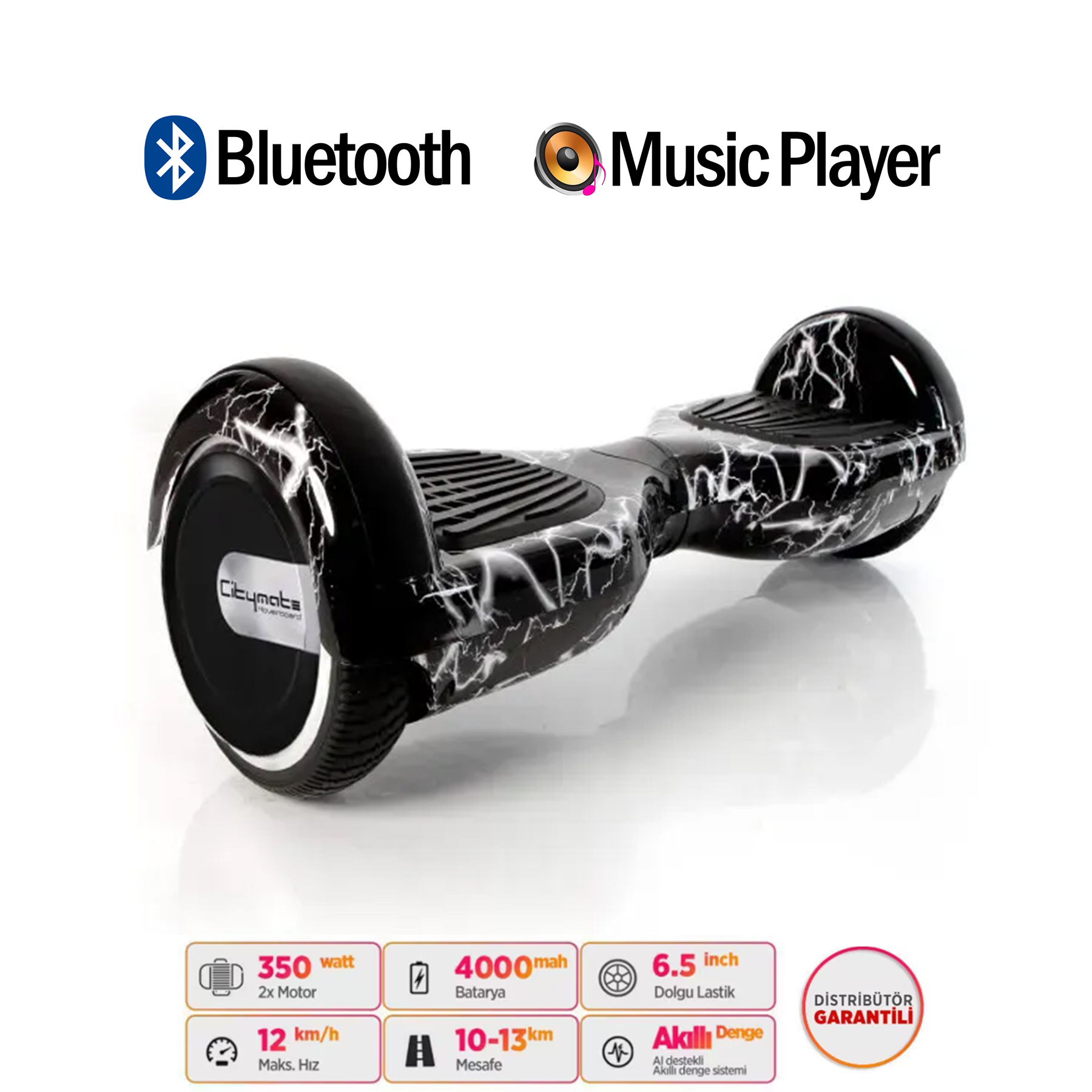 Yıldırım desenli siyah hoverboard, Bluetooth ve müzik çalar özelliği.