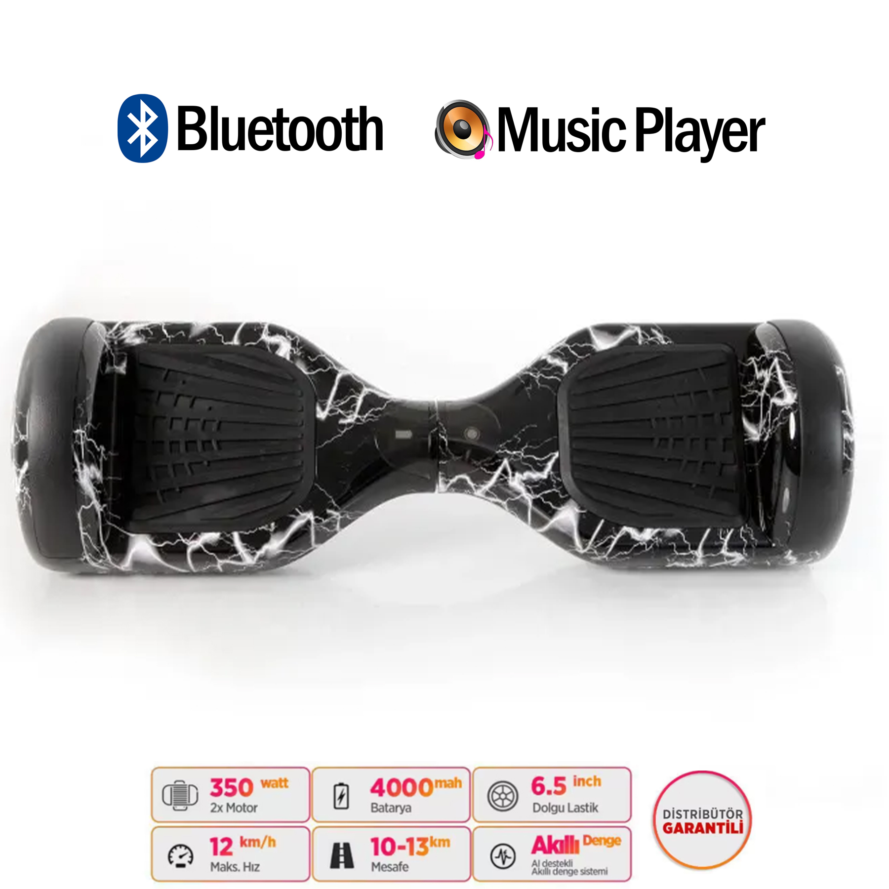 Beyaz şimşek desenli siyah hoverboard. Bluetooth ve Müzik Çalar özellikli.