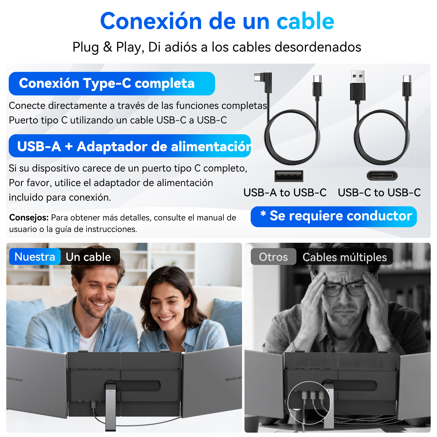 Un hombre y una mujer miran tres monitores. Cables visibles.