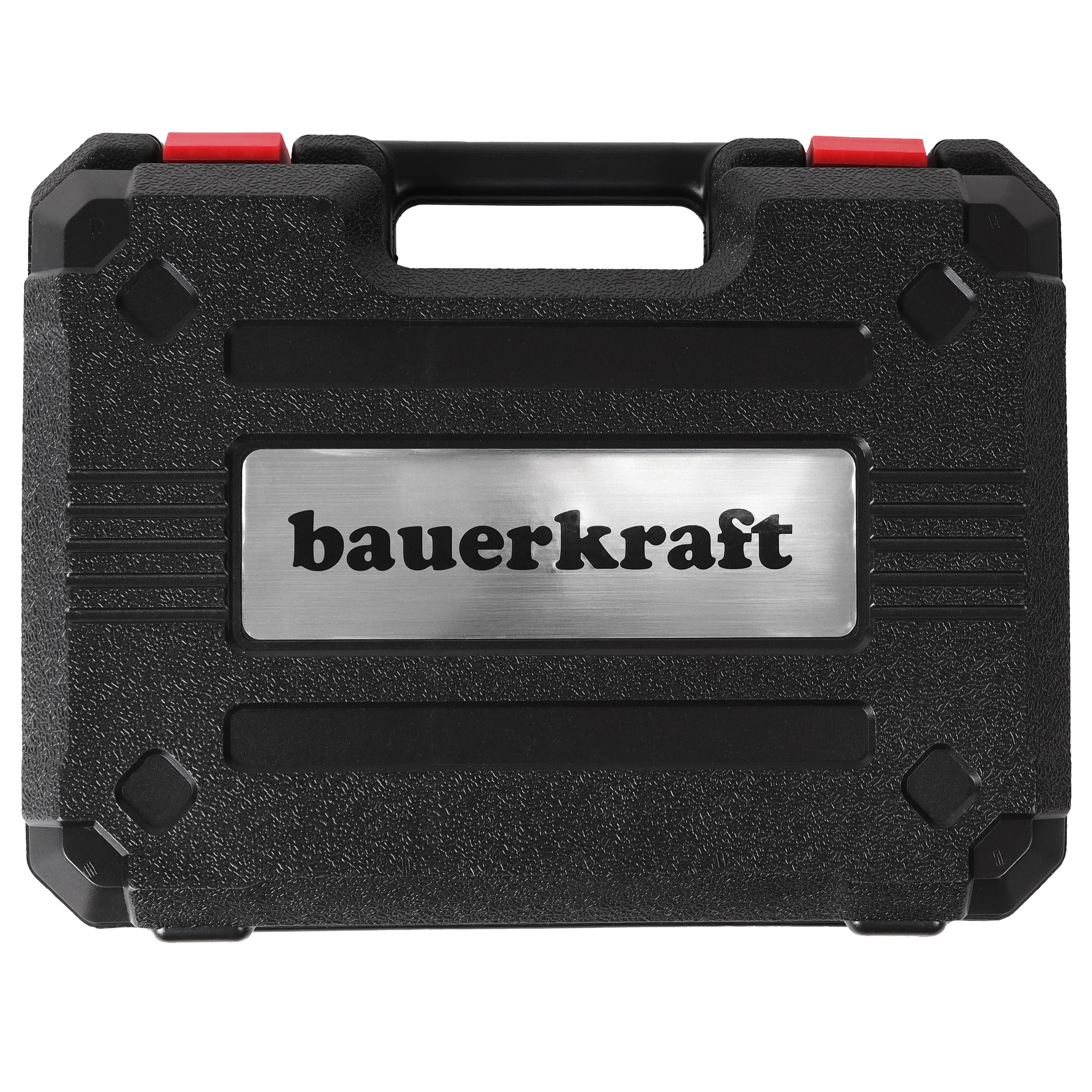 Czarna walizka na narzędzia z srebrnym logo 'bauer kraft' i czerwonymi zatrzaskami.