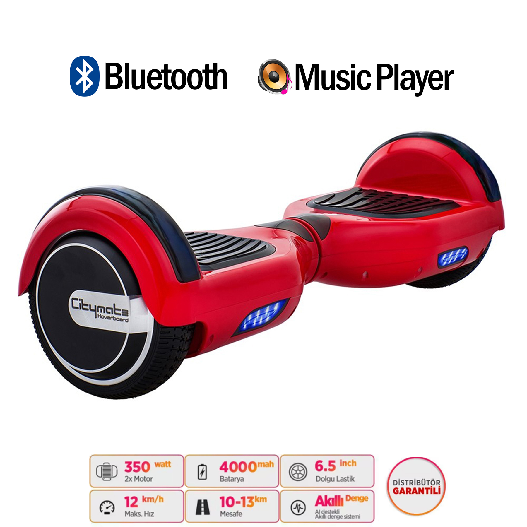 Teknik özelliklere sahip Bluetooth müzik çalar özellikli kırmızı bir hoverboard.