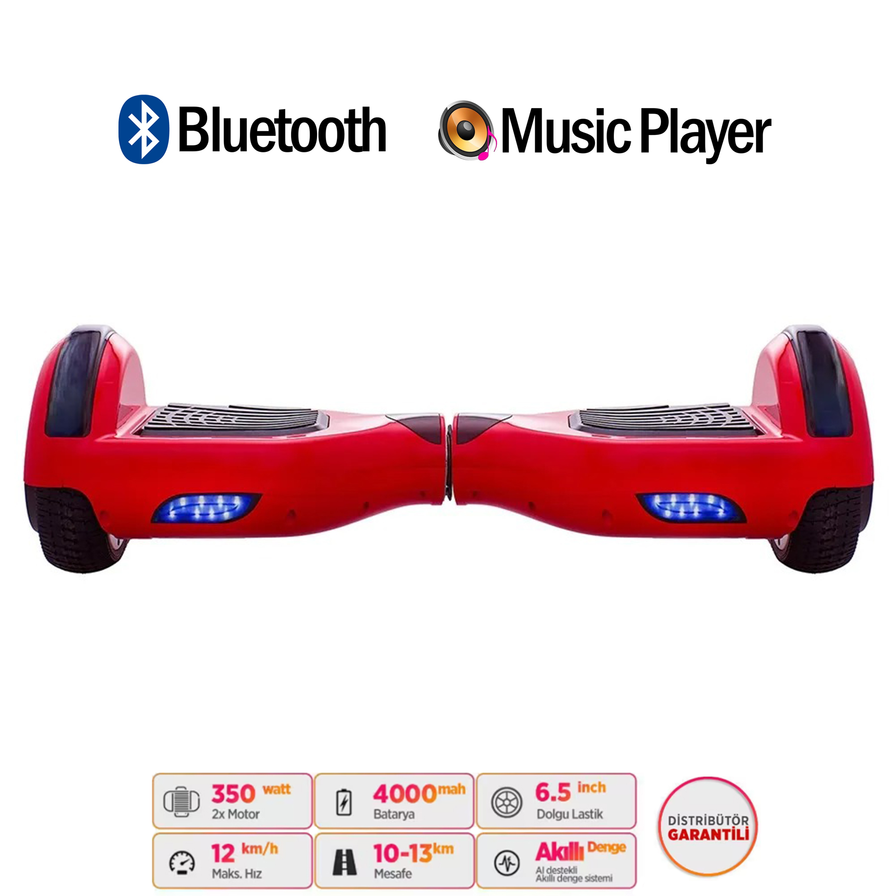 Bluetooth ve müzik çalar özellikli kırmızı hoverboard, teknik özellikler listelenmiş.