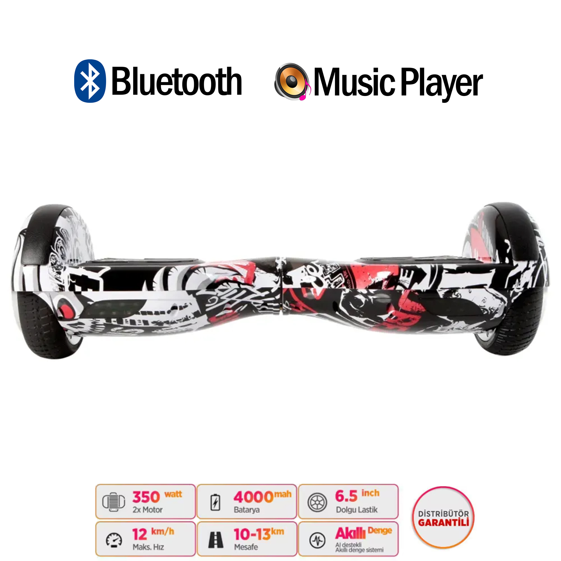 Bluetooth ve müzik çalarlı, siyah ve kırmızı grafiti tasarımlı beyaz hoverboard.