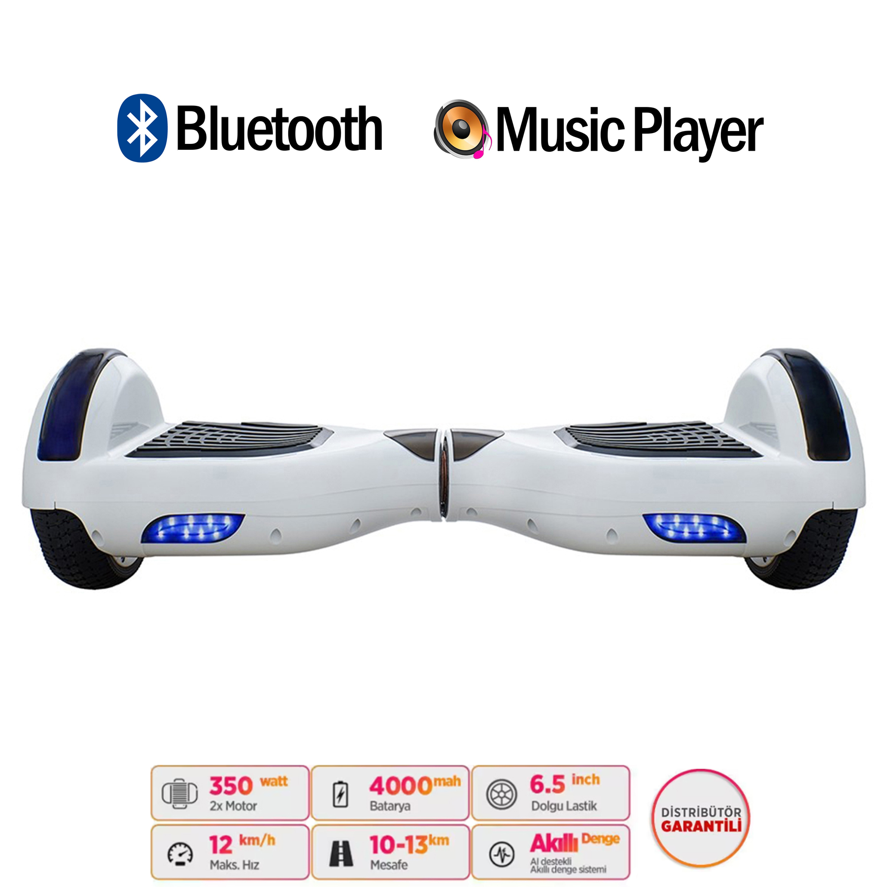 Mavi ışıklı beyaz hoverboard ve Bluetooth özellikleri.