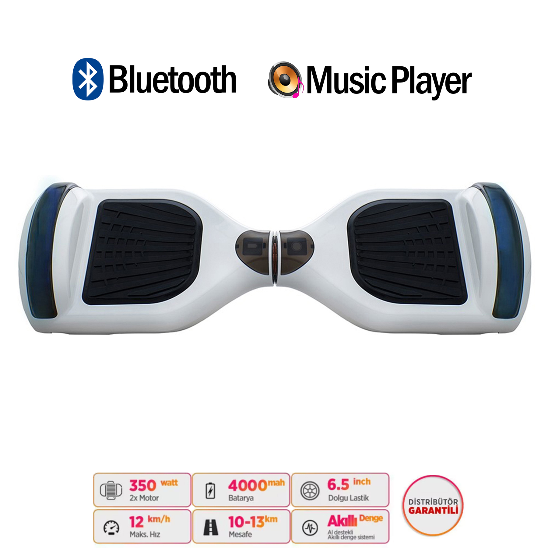 Mavi vurgulu beyaz hoverboard, Bluetooth ve müzik çalar logosu.