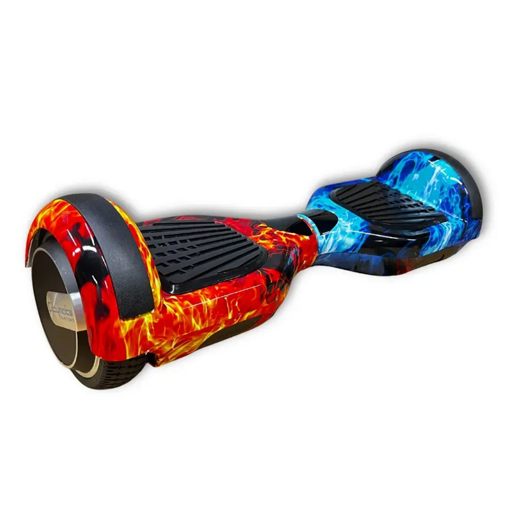 Beyaz zeminde kırmızı ve mavi alev desenli hoverboard.