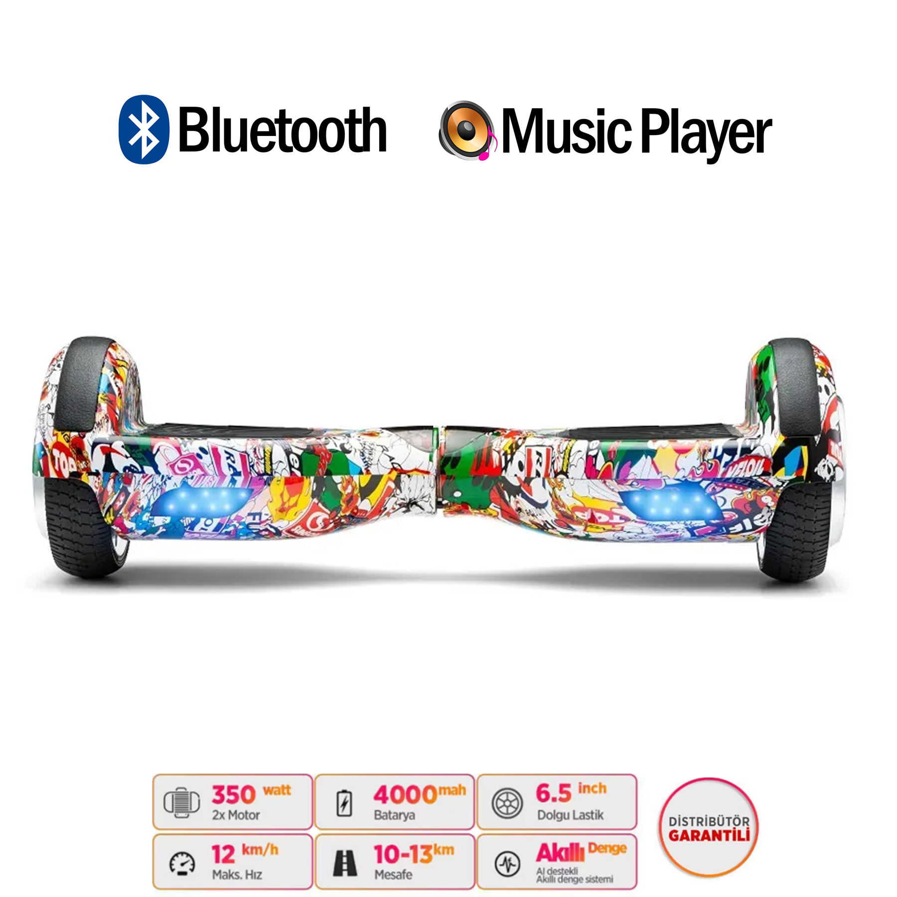 Bluetooth ve Müzik Çalar özellikli, renkli çıkartmalarla kaplı hoverboard.