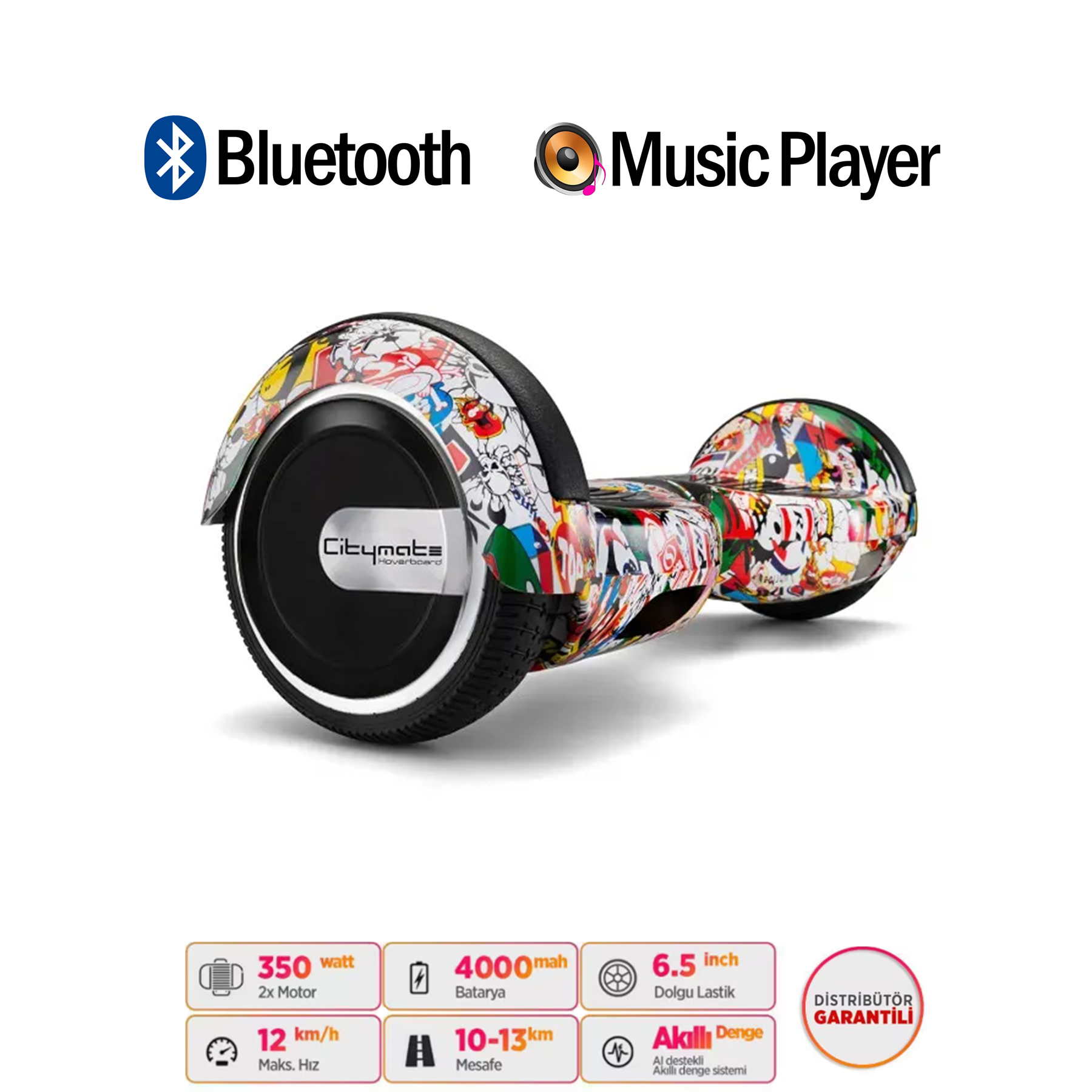 Bluetooth ve müzik çalar özellikli, rengarenk bir hoverboard.