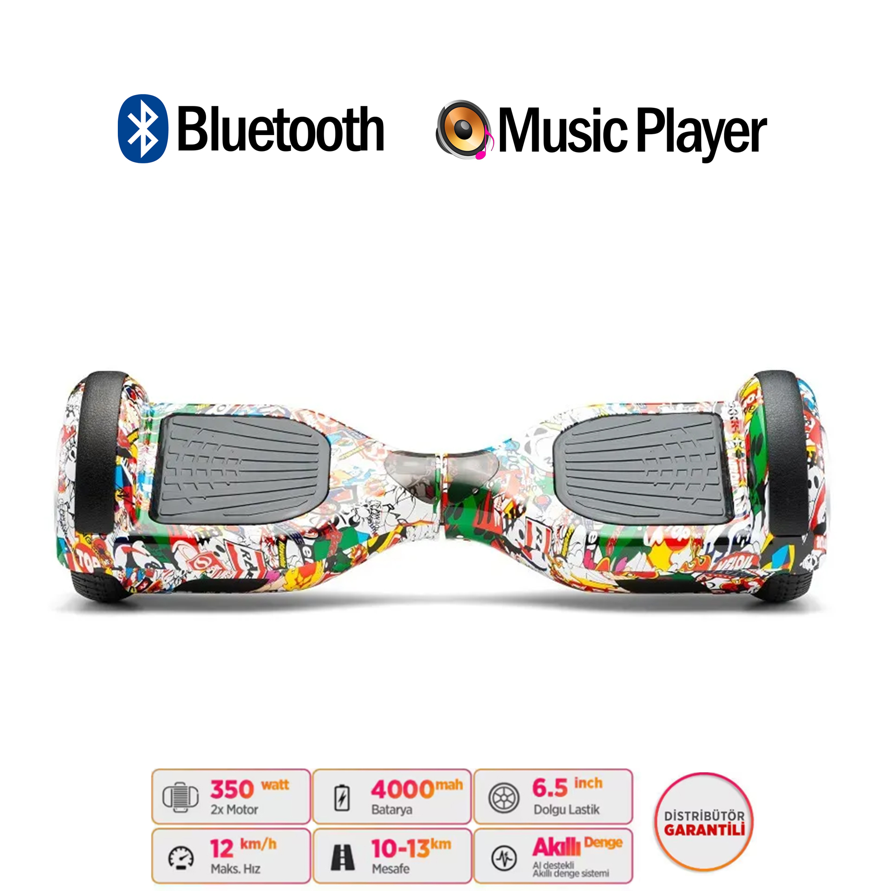 Bluetooth ve müzik çalar simgeli, teknik özellikli renkli hoverboard.