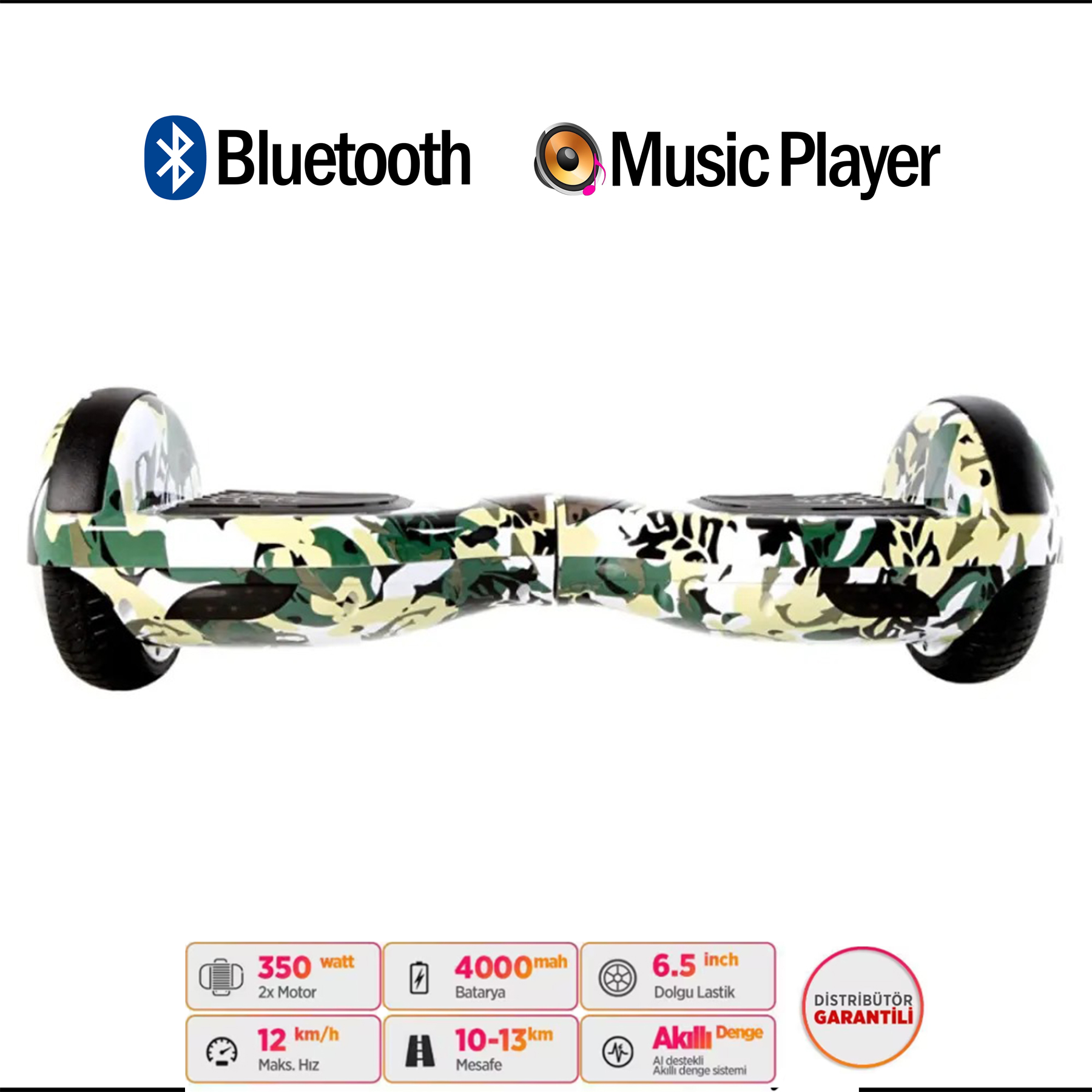 Kamuflaj desenli hoverboard, Bluetooth, 350W, 4000mAh batarya, 12km/h hız.
