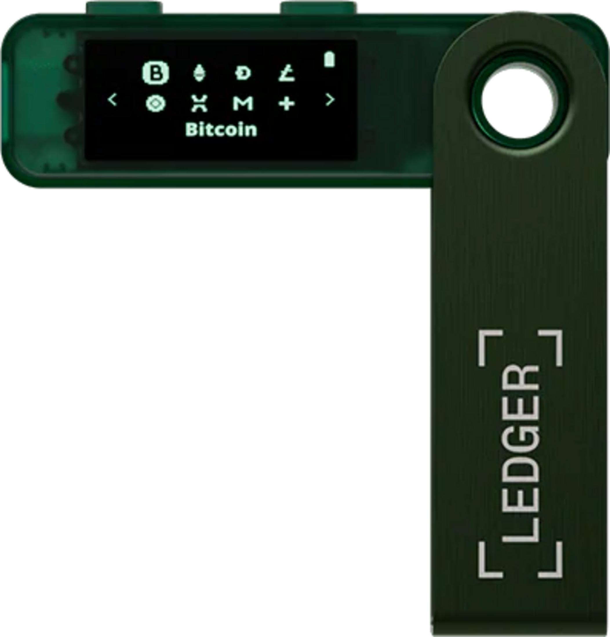 Zielony portfel sprzętowy Ledger z ekranem wyświetlającym Bitcoin i inne symbole kryptowalut.