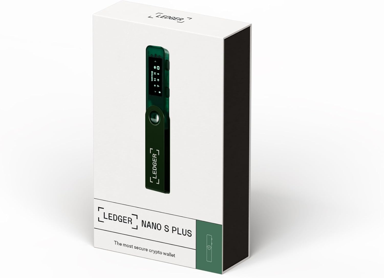 Zielony portfel kryptowalutowy Ledger Nano S Plus na białym opakowaniu.