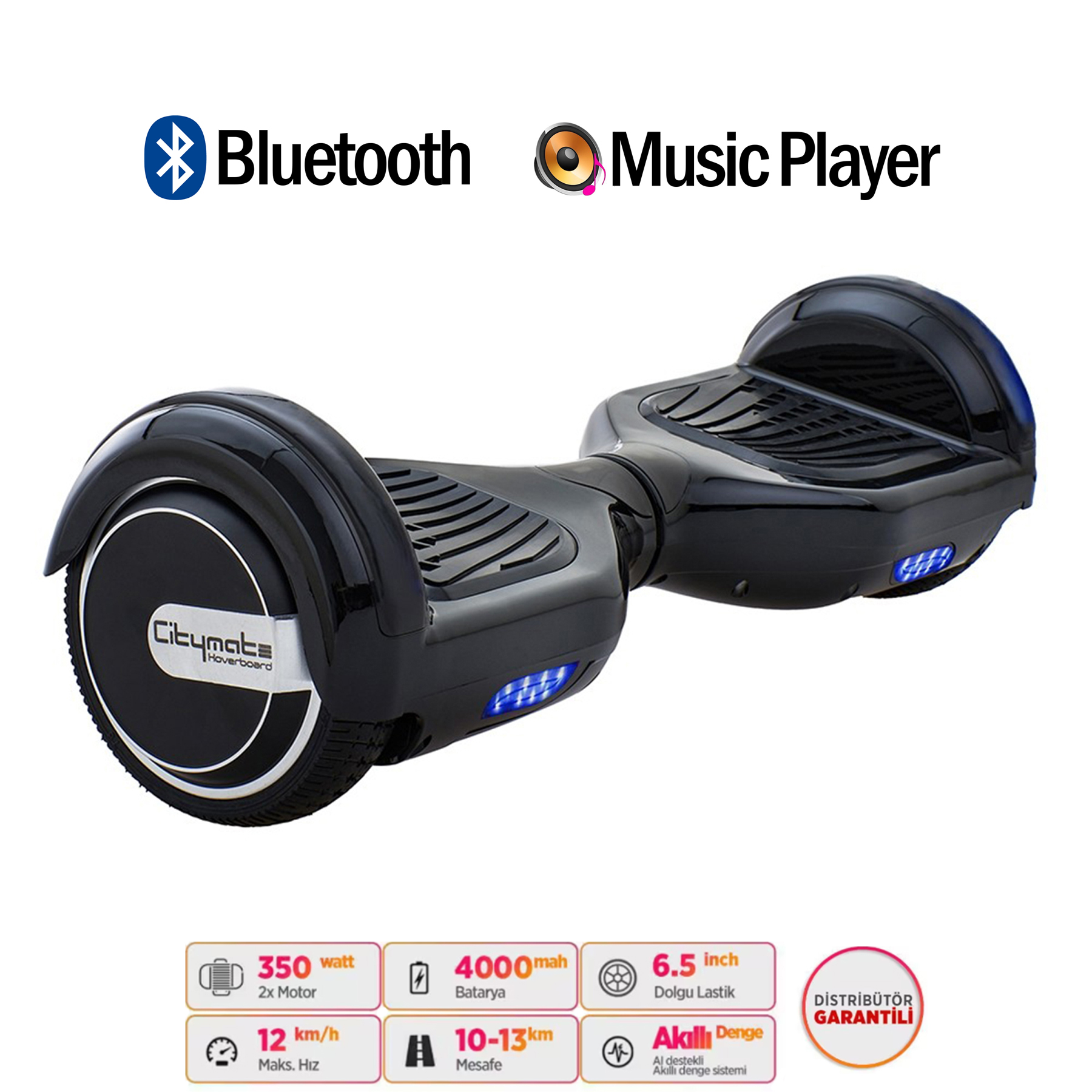 Bluetooth ve müzik çalar özellikli siyah hoverboard, teknik özellikler.