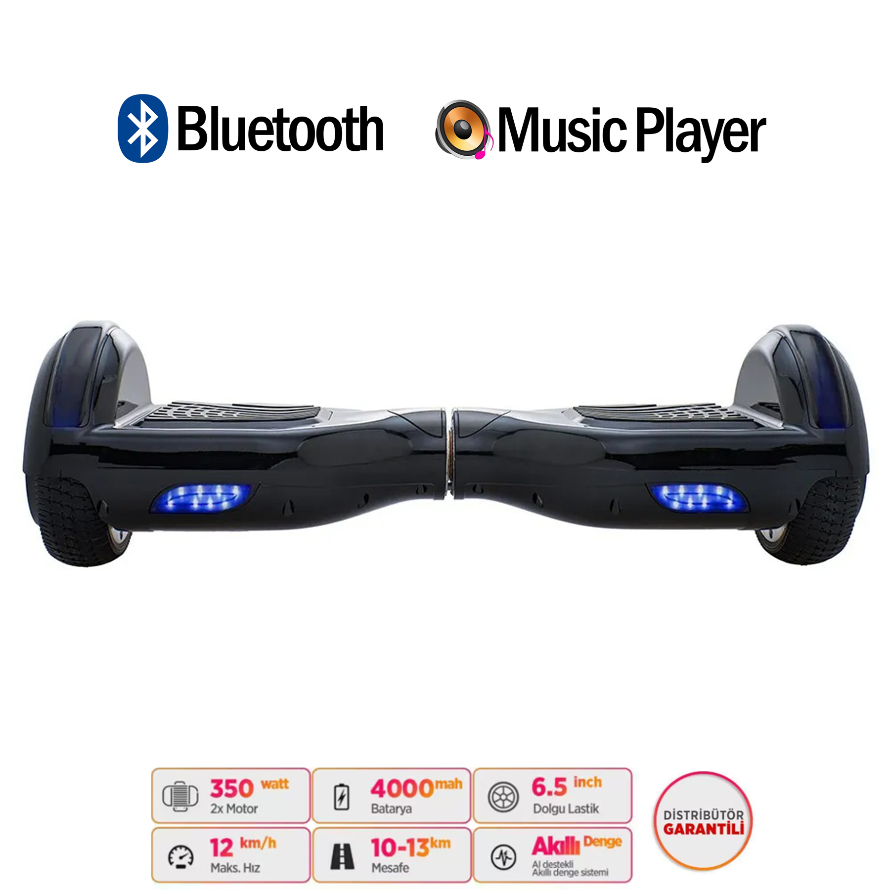 Mavi ışıklı, Bluetooth ve müzik çalar ikonlu siyah hoverboard.