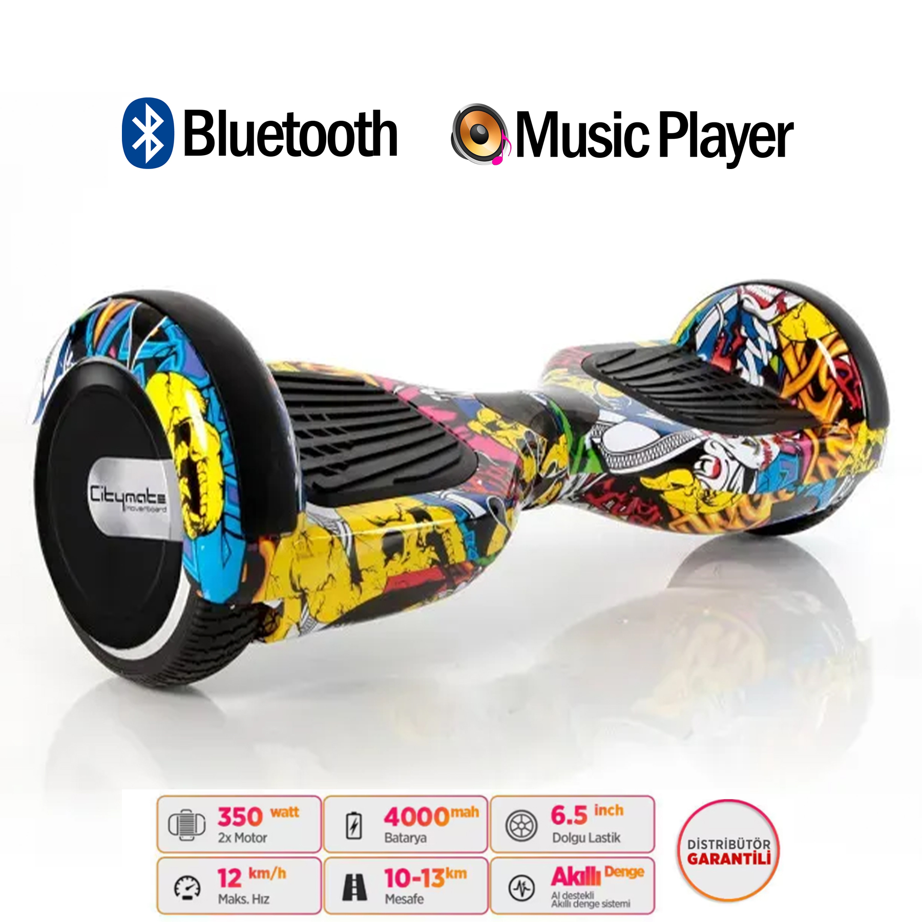 Bluetooth ve müzik çalar özellikli renkli hoverboard.