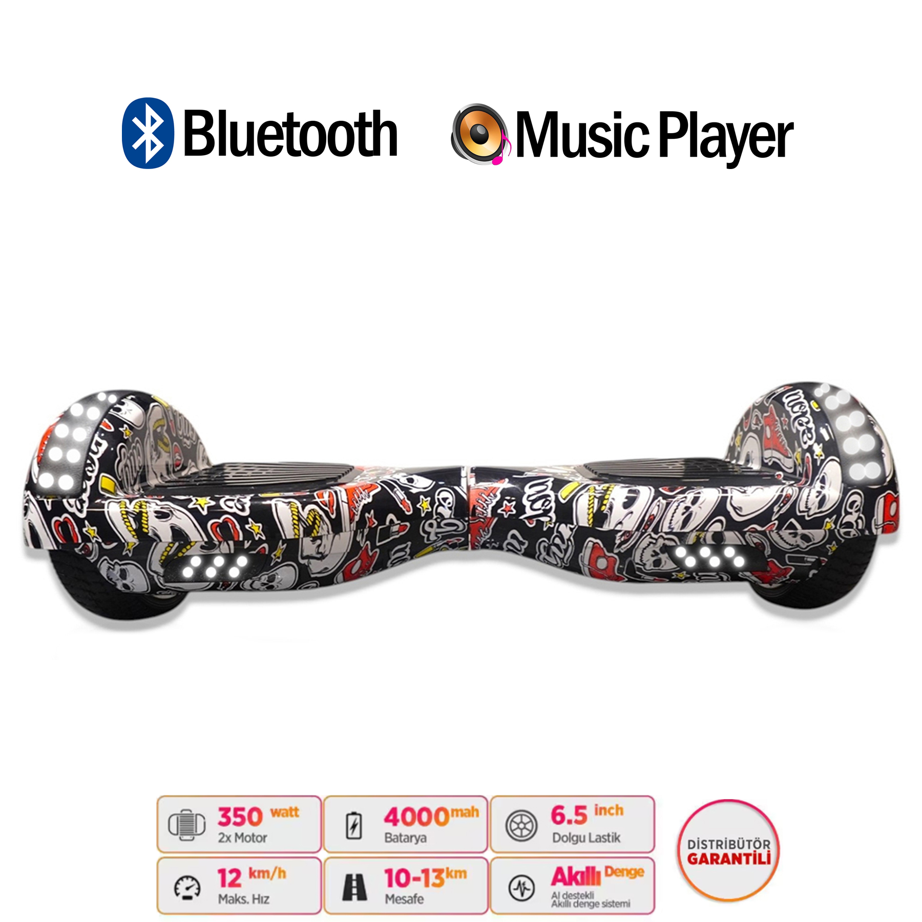 Siyah desenli, Bluetooth ve müzik çalar simgeli, teknik özelliklere sahip bir hoverboard.