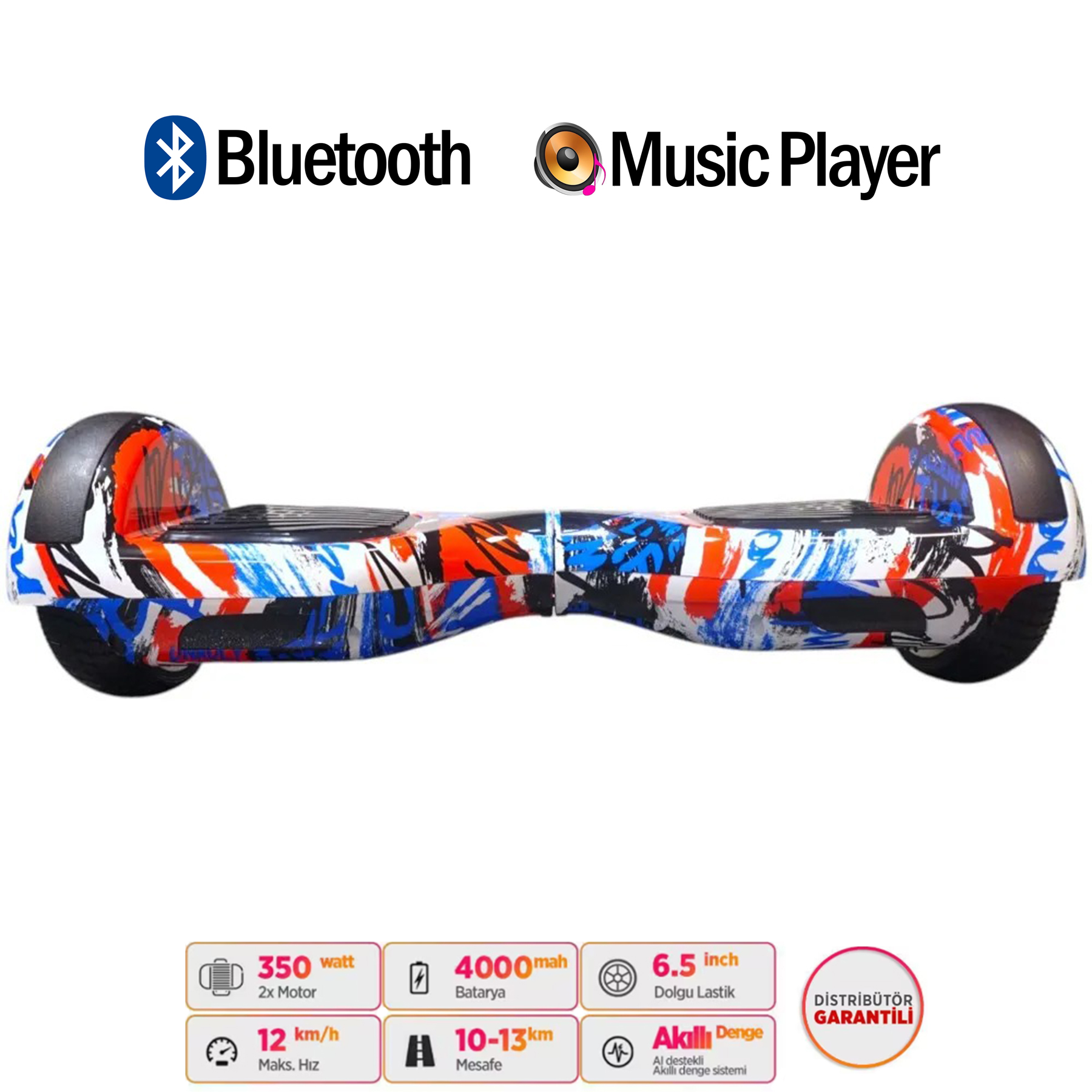 Renkli desenli hoverboard, Bluetooth ve müzik çalar.