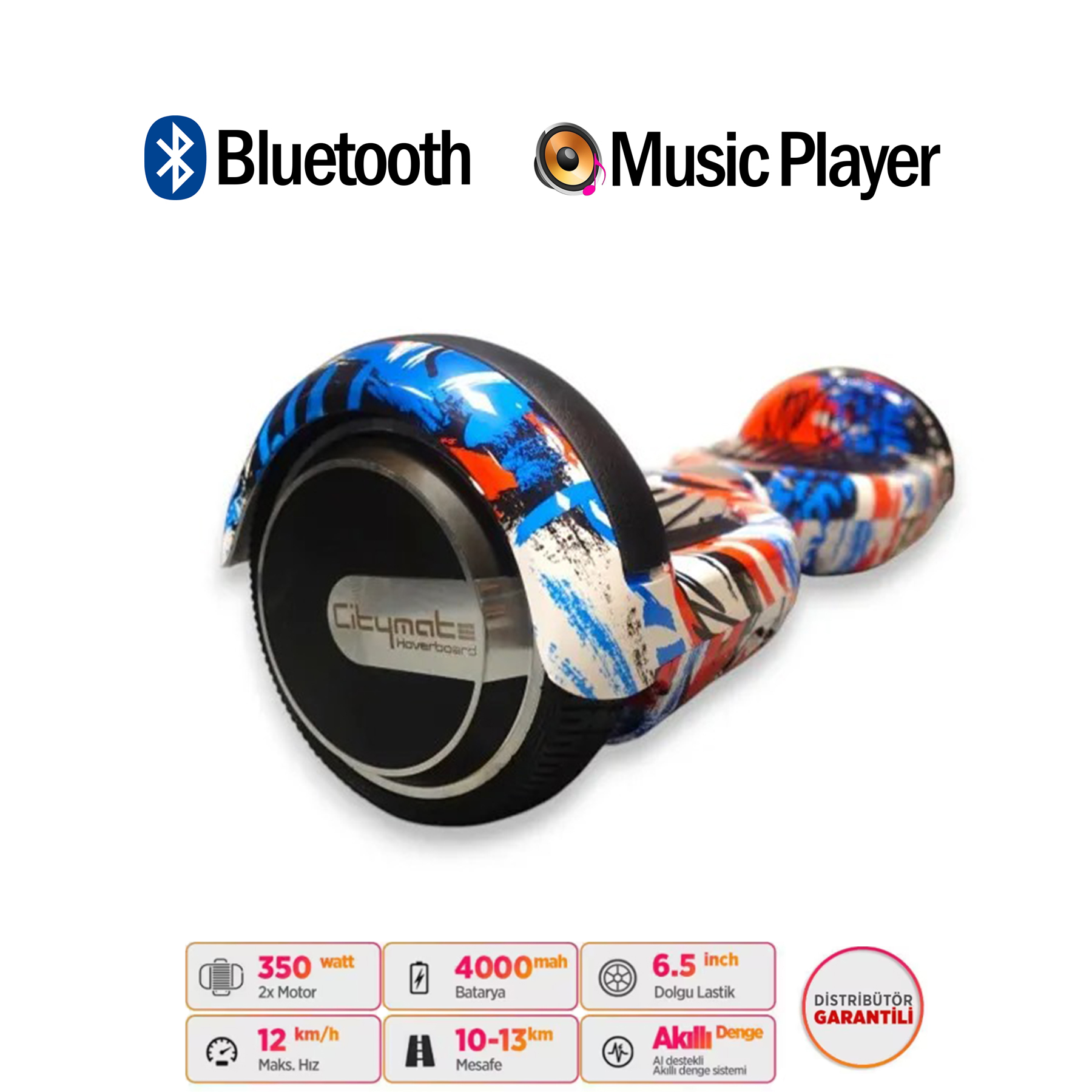 Bluetooth ve müzik çalarlı hoverboard, beyaz arka plan üzerinde kırmızı ve mavi desenler.