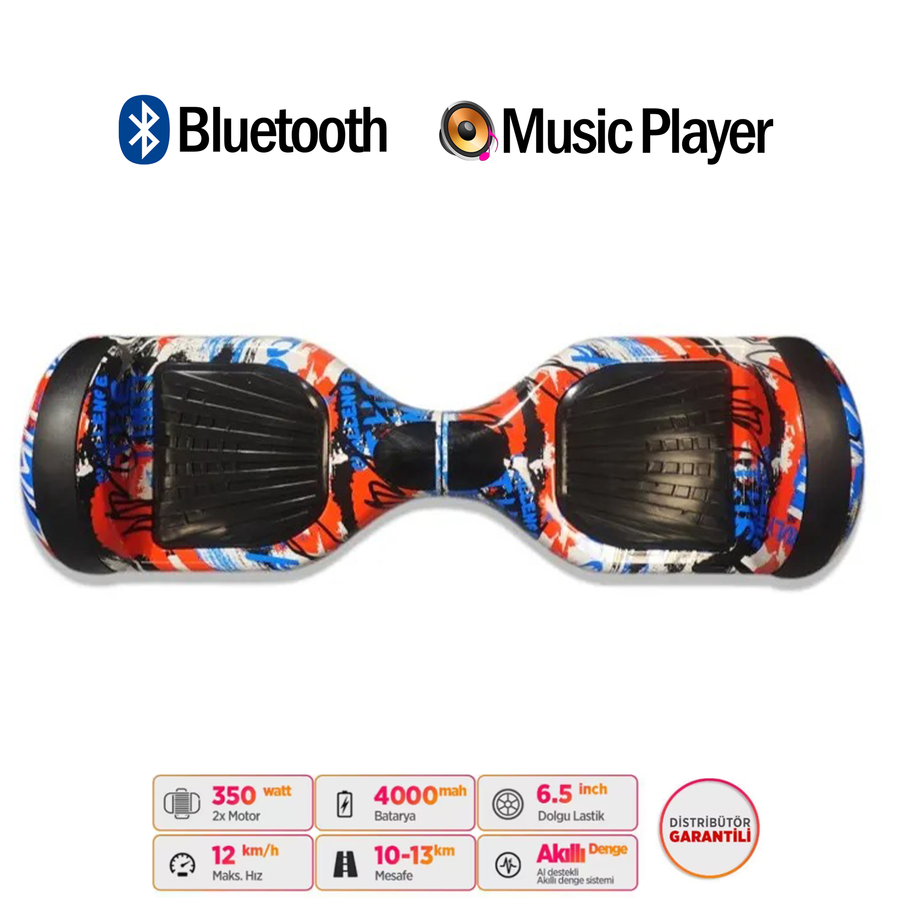 Graffiti desenli hoverboard, Bluetooth ve müzik çalar simgesi.