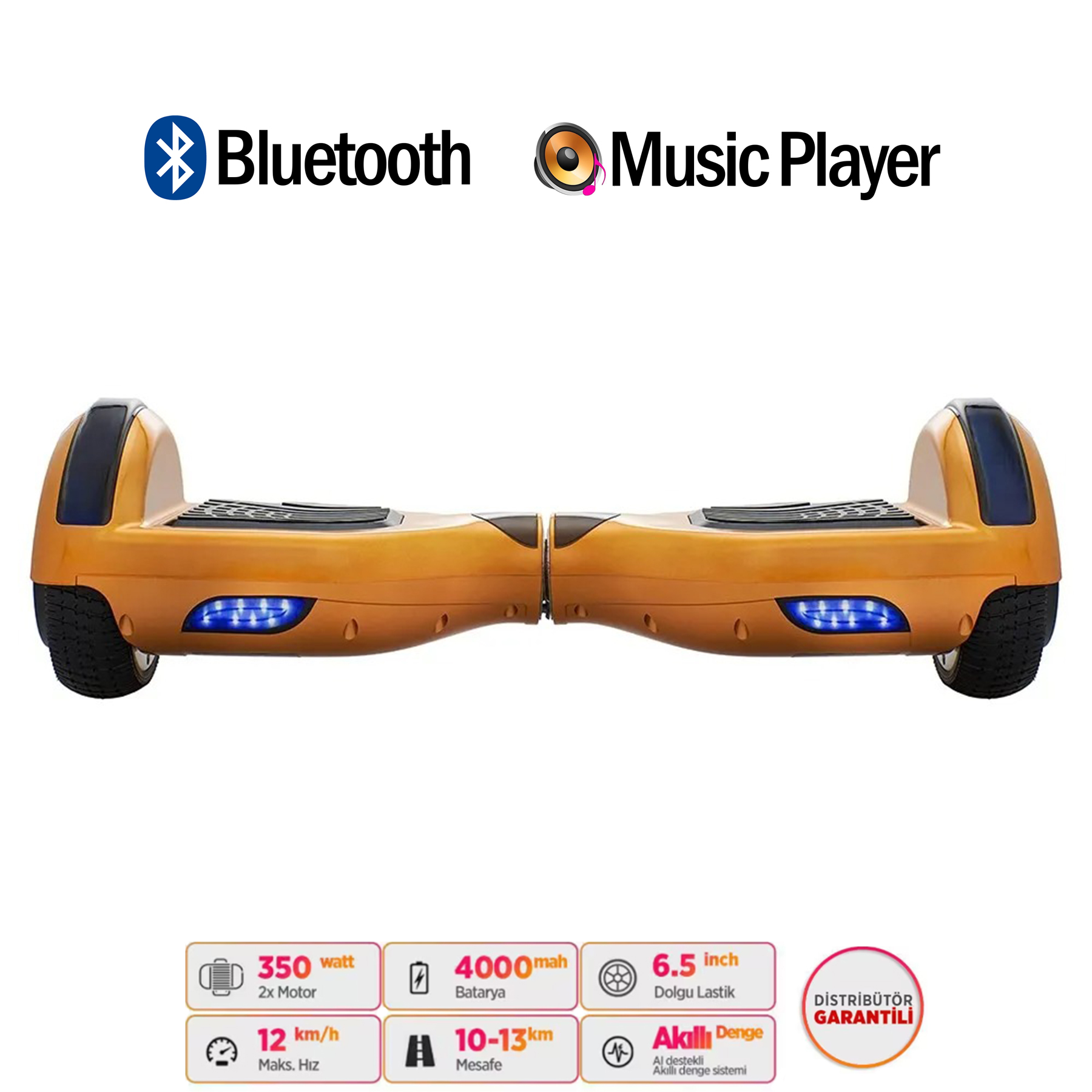 Mavi ışıklı sarı hoverboard ve özellikleri.