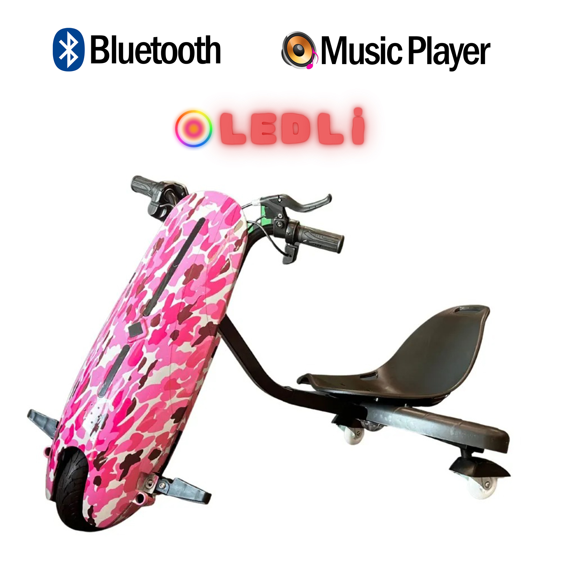 Siyah tutamaklı ve koltuklu pembe kamuflajlı drift scooter.