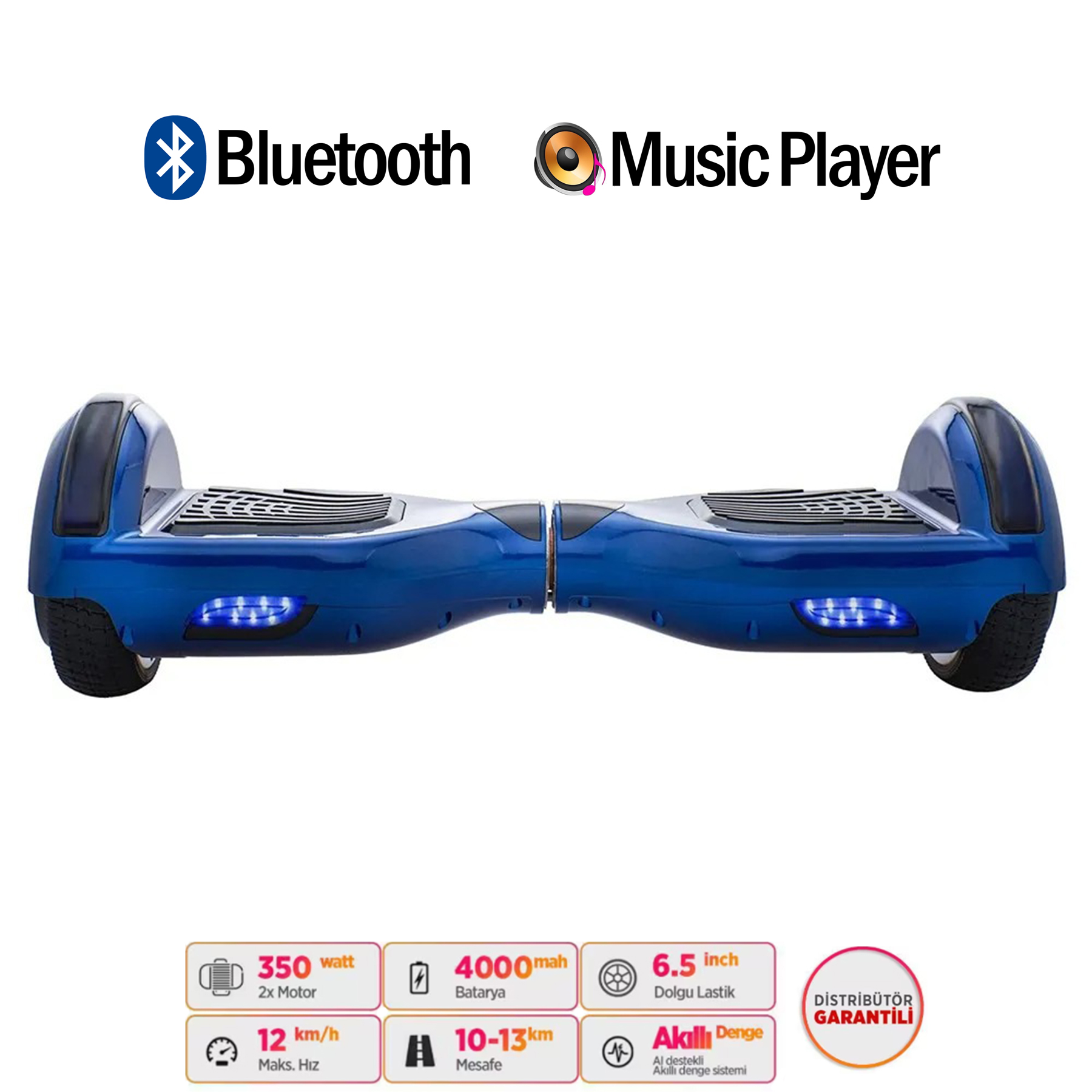 Bluetooth ve müzik çalar özellikli mavi hoverboard.