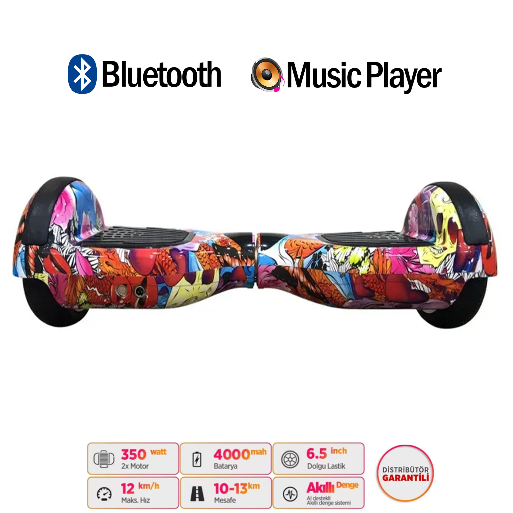 Bluetooth ve müzik çalarlı renkli hoverboard, 350W, 4000mAh, 6,5 inç.